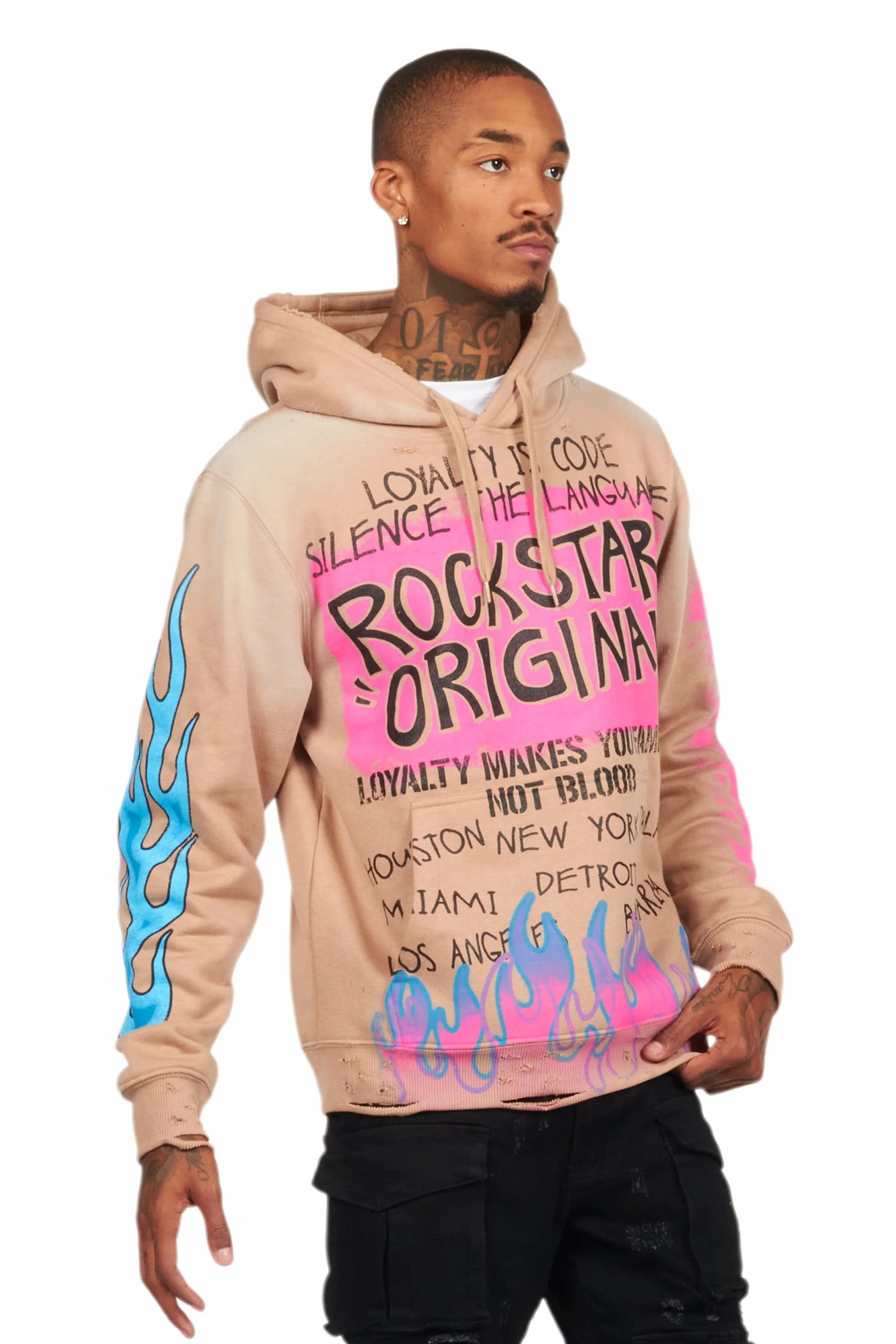 Beno Khaki Distressed Graphic Hoodie