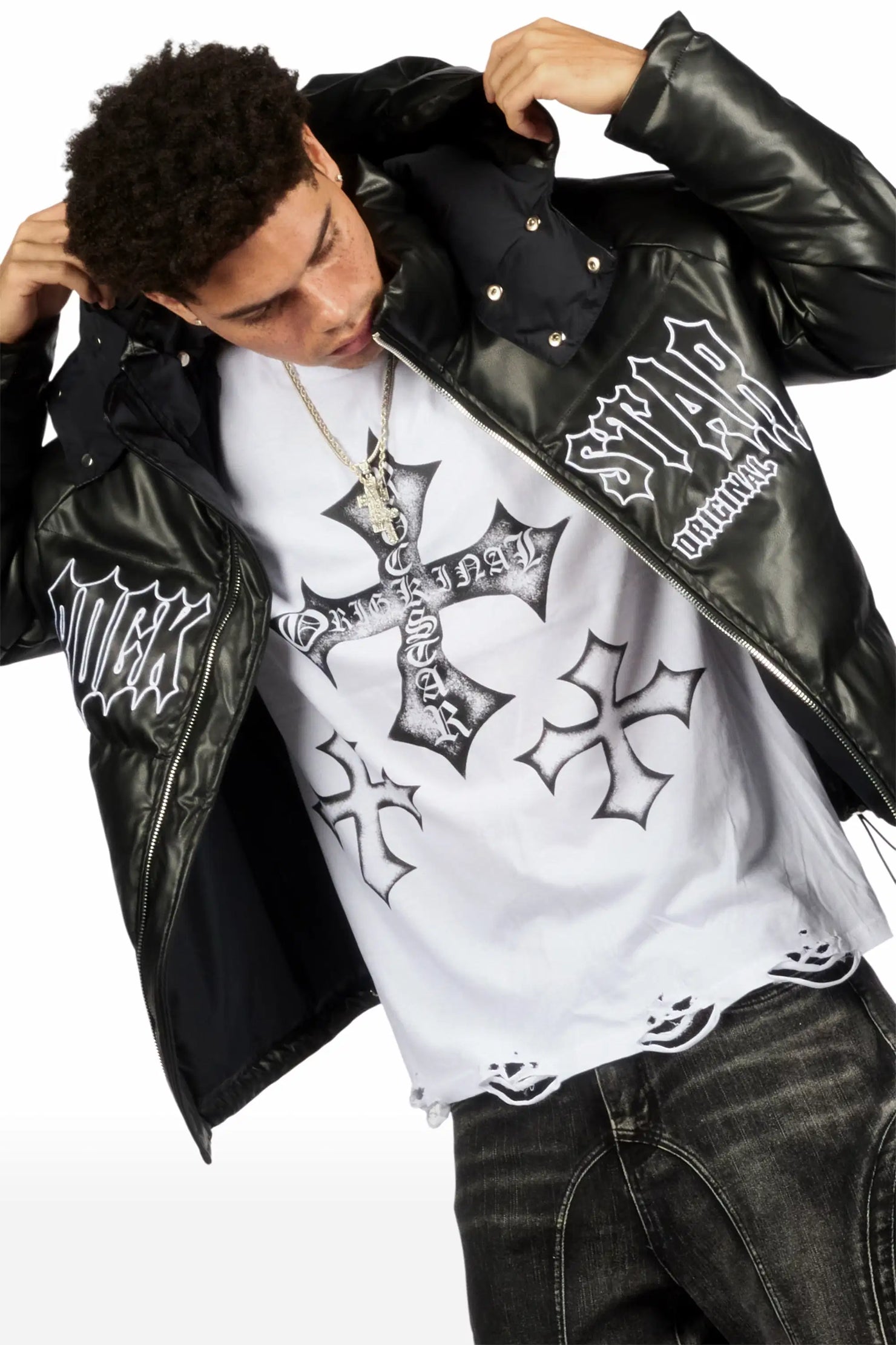 Marizon White/Black Oversized Distressed Graphic T-Shirt