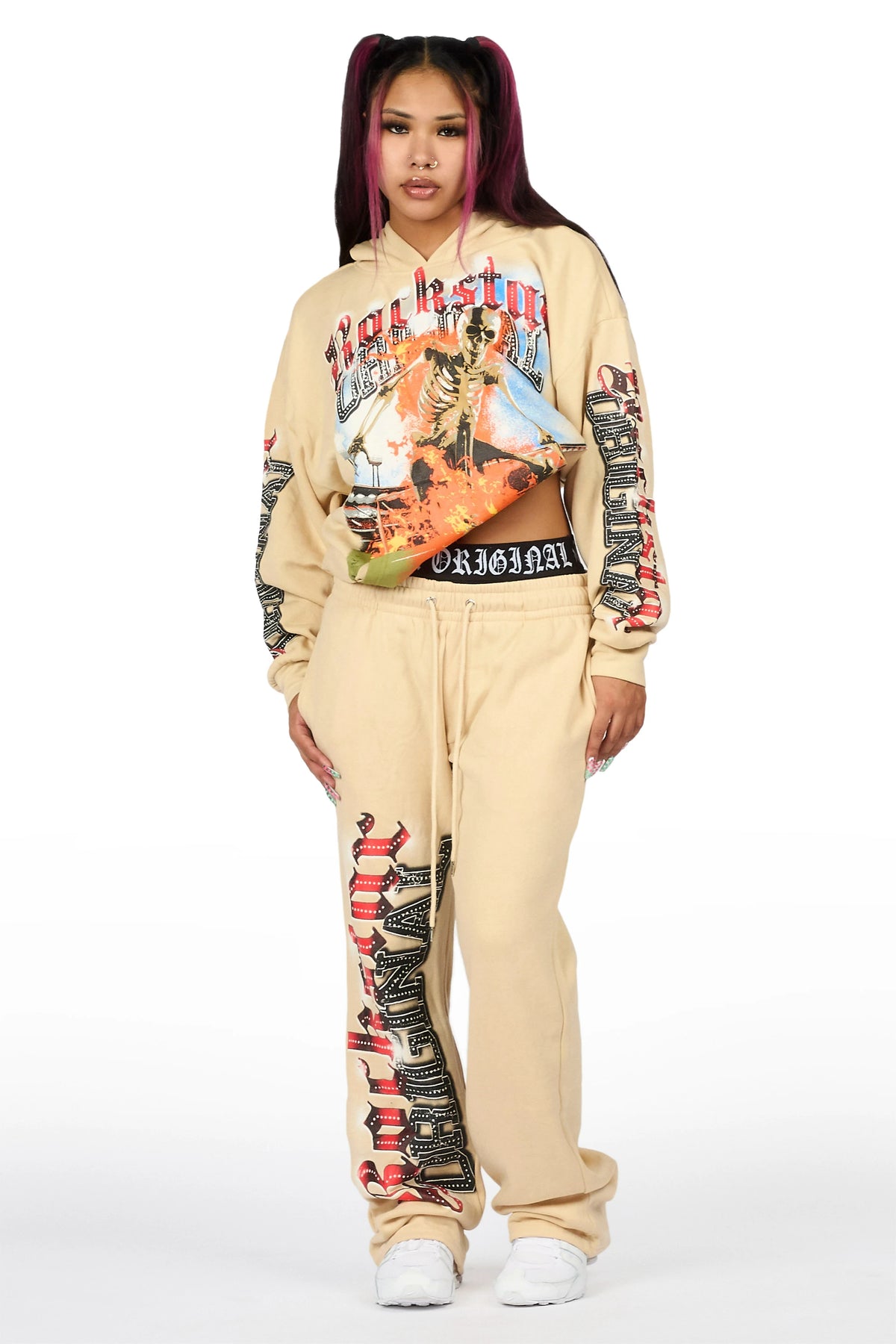 Zarina Beige Graphic Baggy Fit Track Set