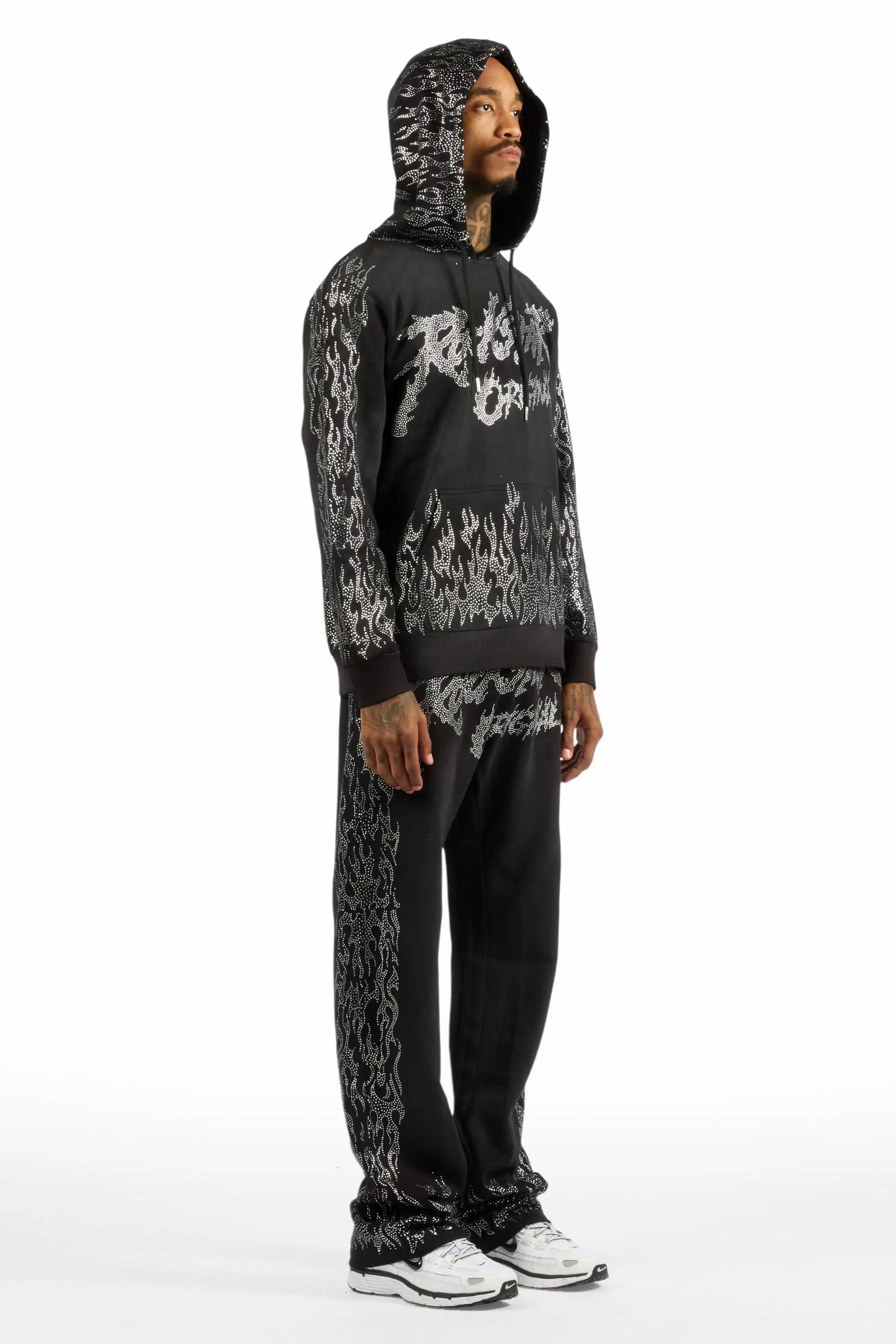 Bubble Black Rhinestone Stacked Flare Hoodie Track Set