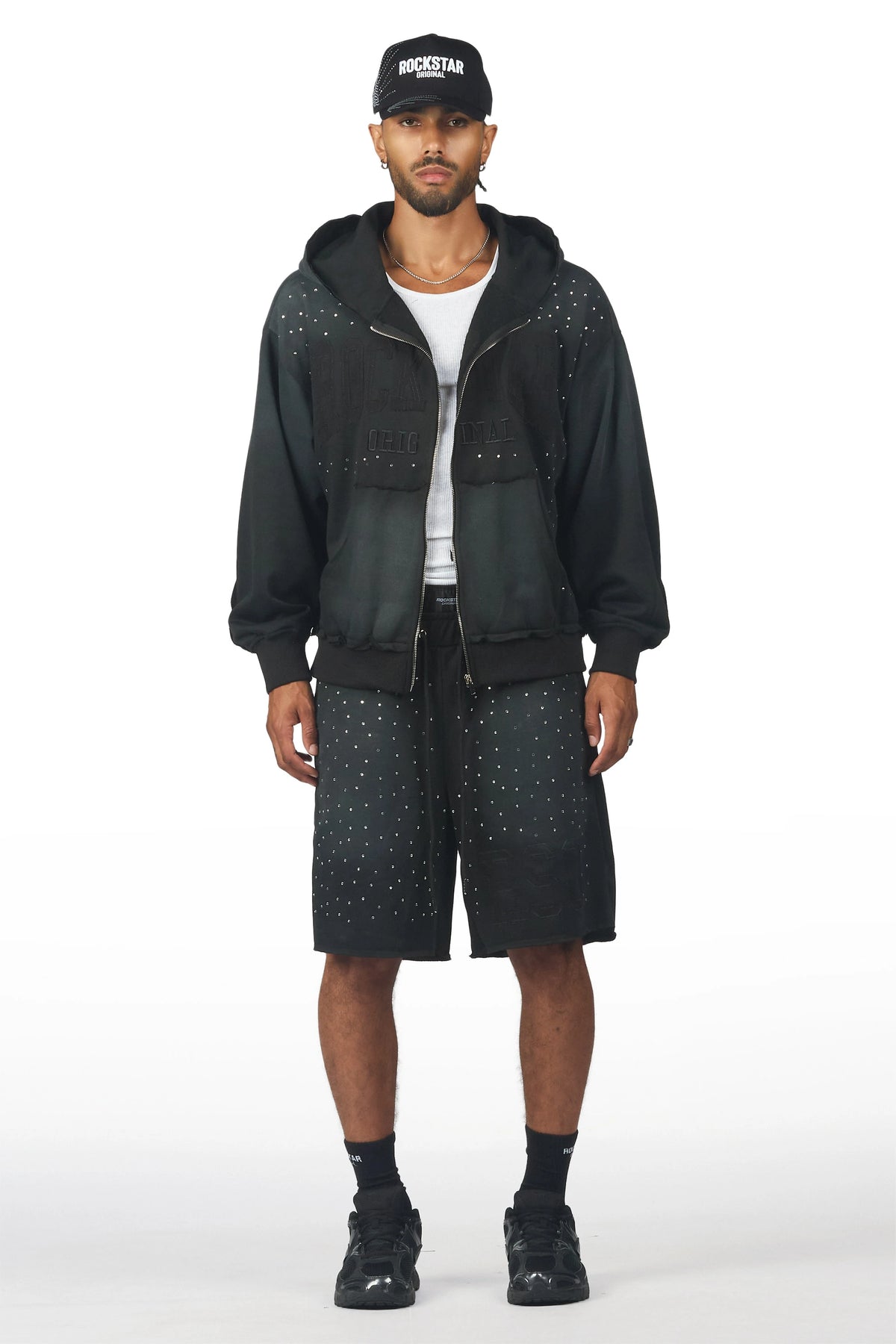 Akila Black Rhinestone Hoodie Double Waisted Short Set