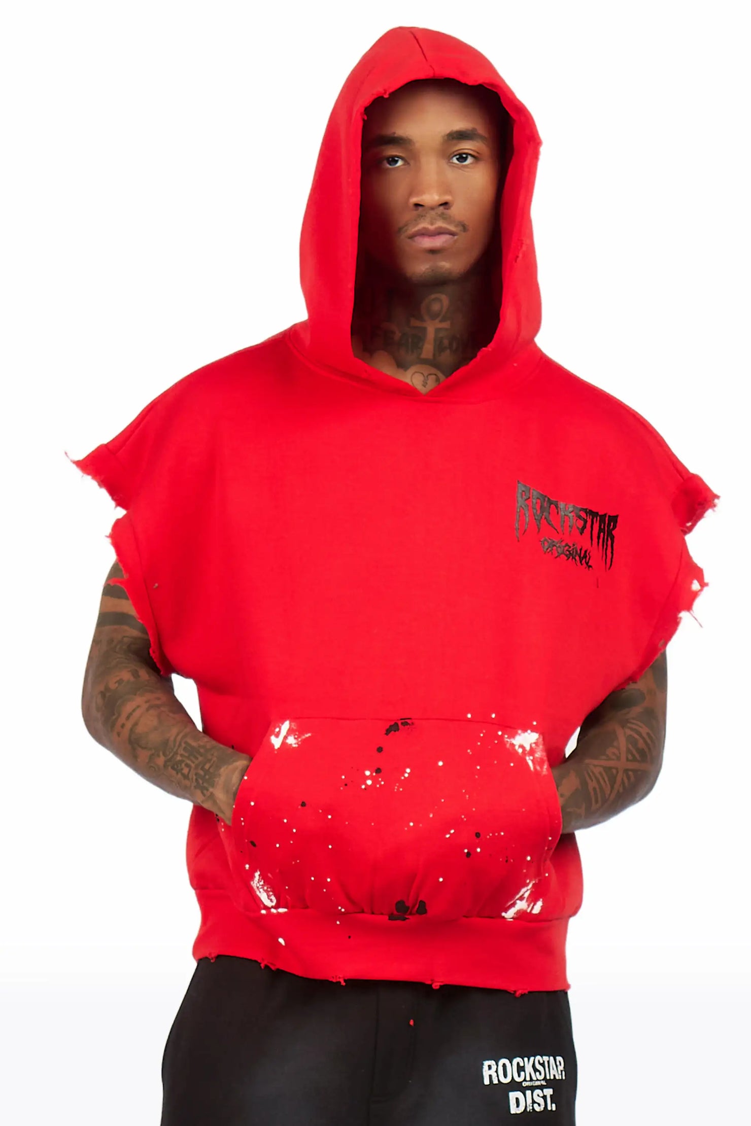 Twinkle Red Painted Cut Sleeve Hoodie