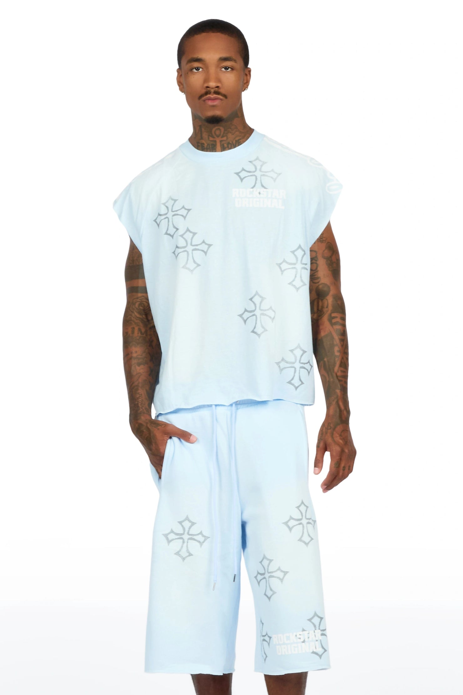 Osso Sky Blue Cut Sleeve T-Shirt Double Waisted Jort Set