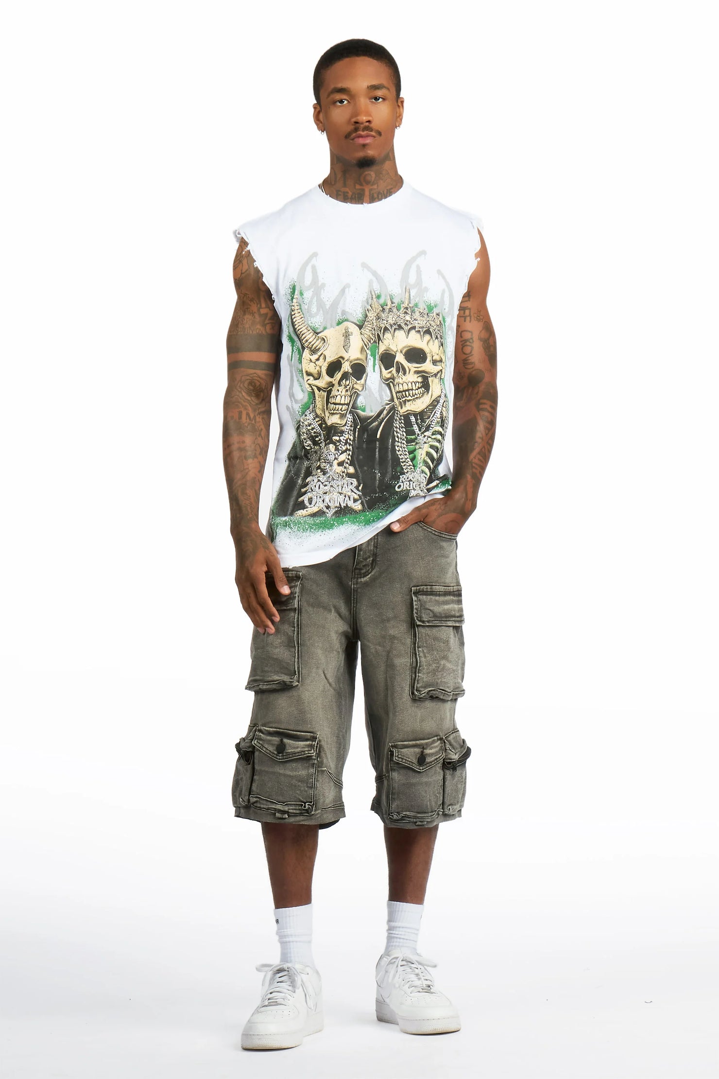 Kingston White/Grey Graphic T-Shirt & Mahesh Baggy Cargo Jean Short Set