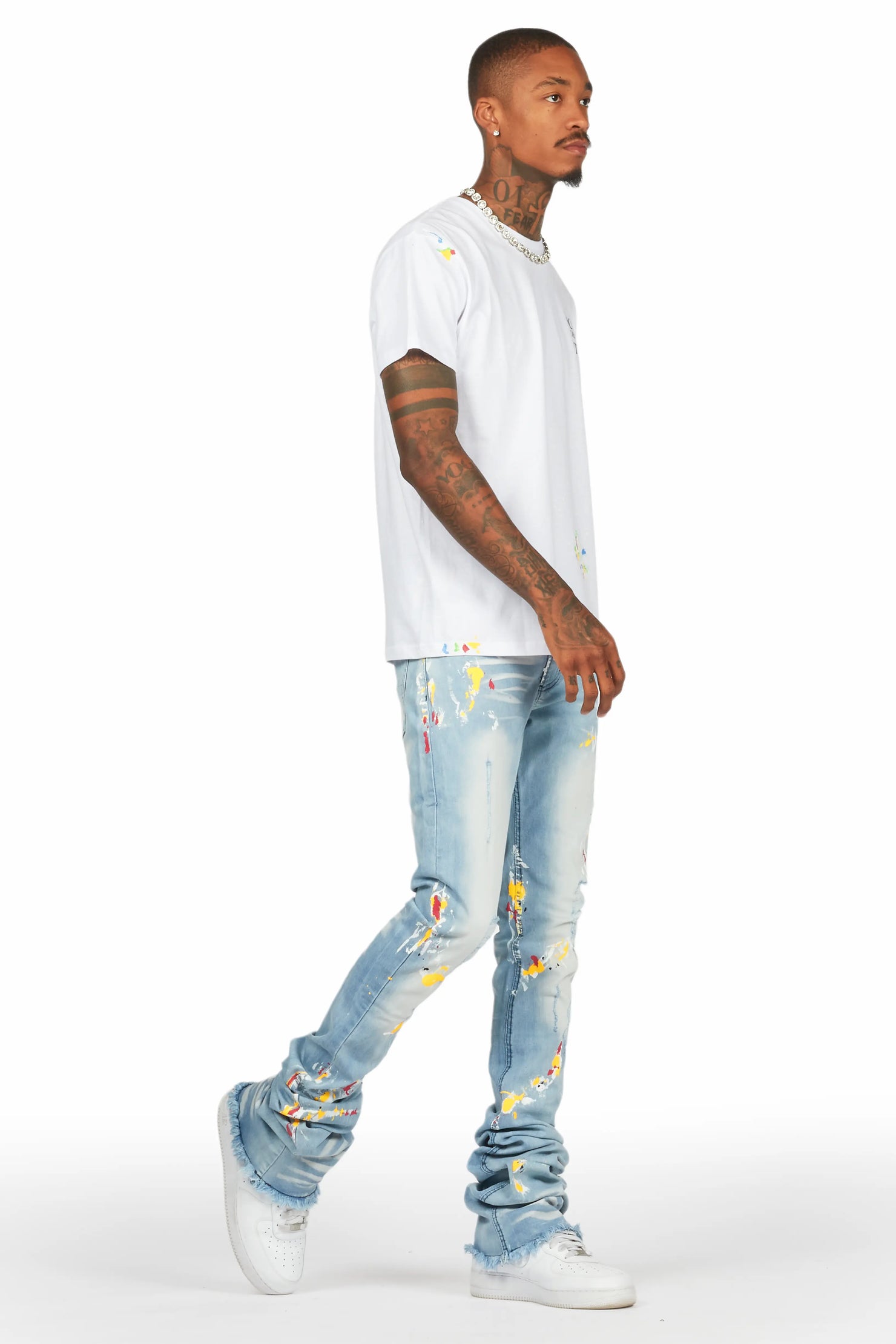 Bashar Blue Painter Super Stacked Flare Jean