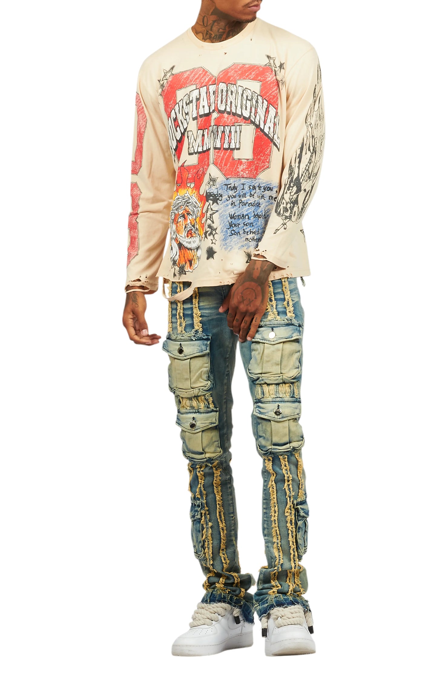 Jesus Crayon Vintage Sand Long Sleeve Graphic T-Shirt