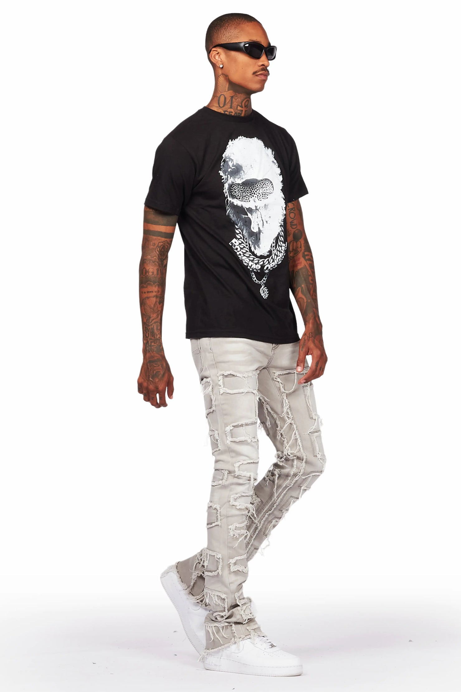 Ponce Black T-Shirt & Shake Grey Stacked Flare Jean Bundle