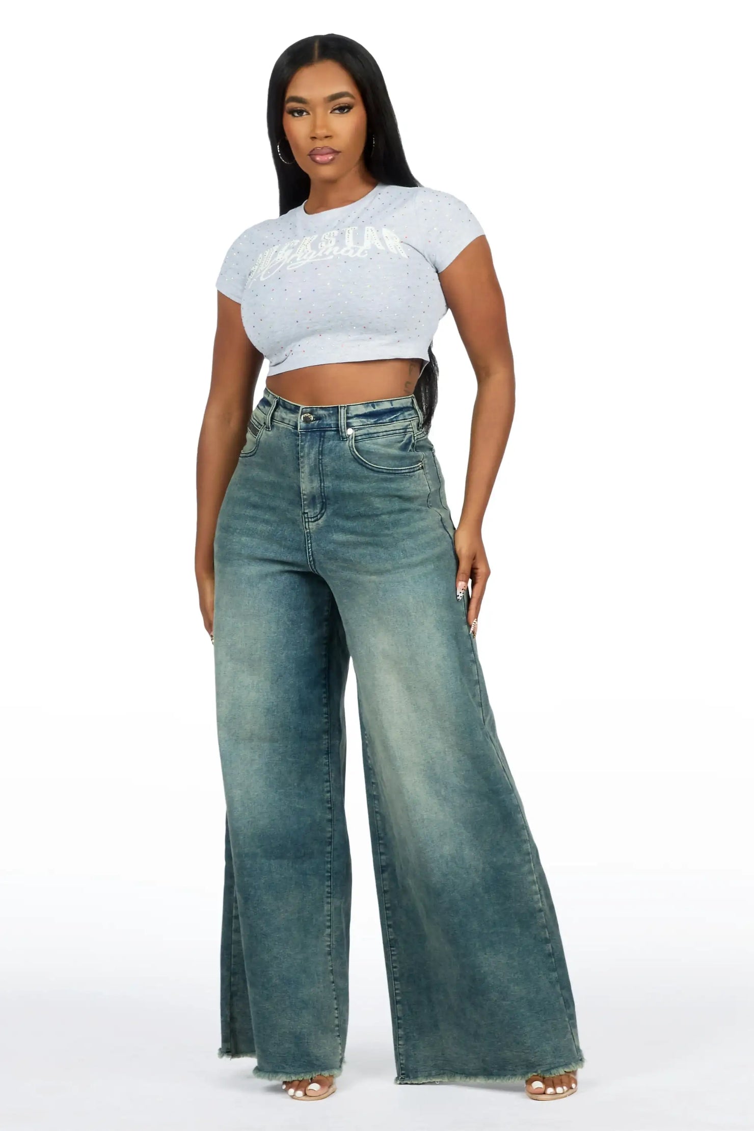 Cegaria Tint Wash High Rise Elastic Back Stretch Baggy Jean