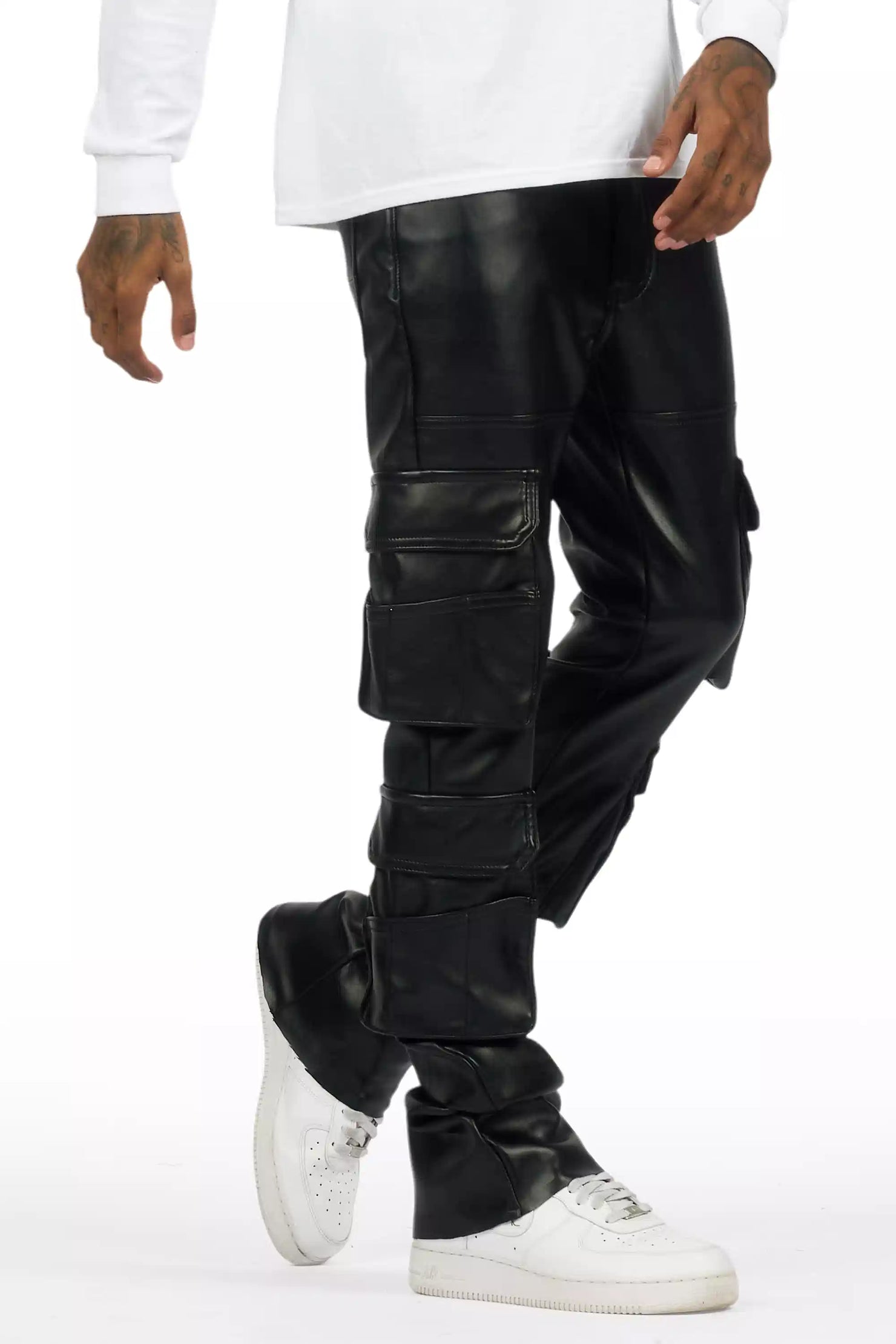 Keylor Black Stacked Flare PU Pants