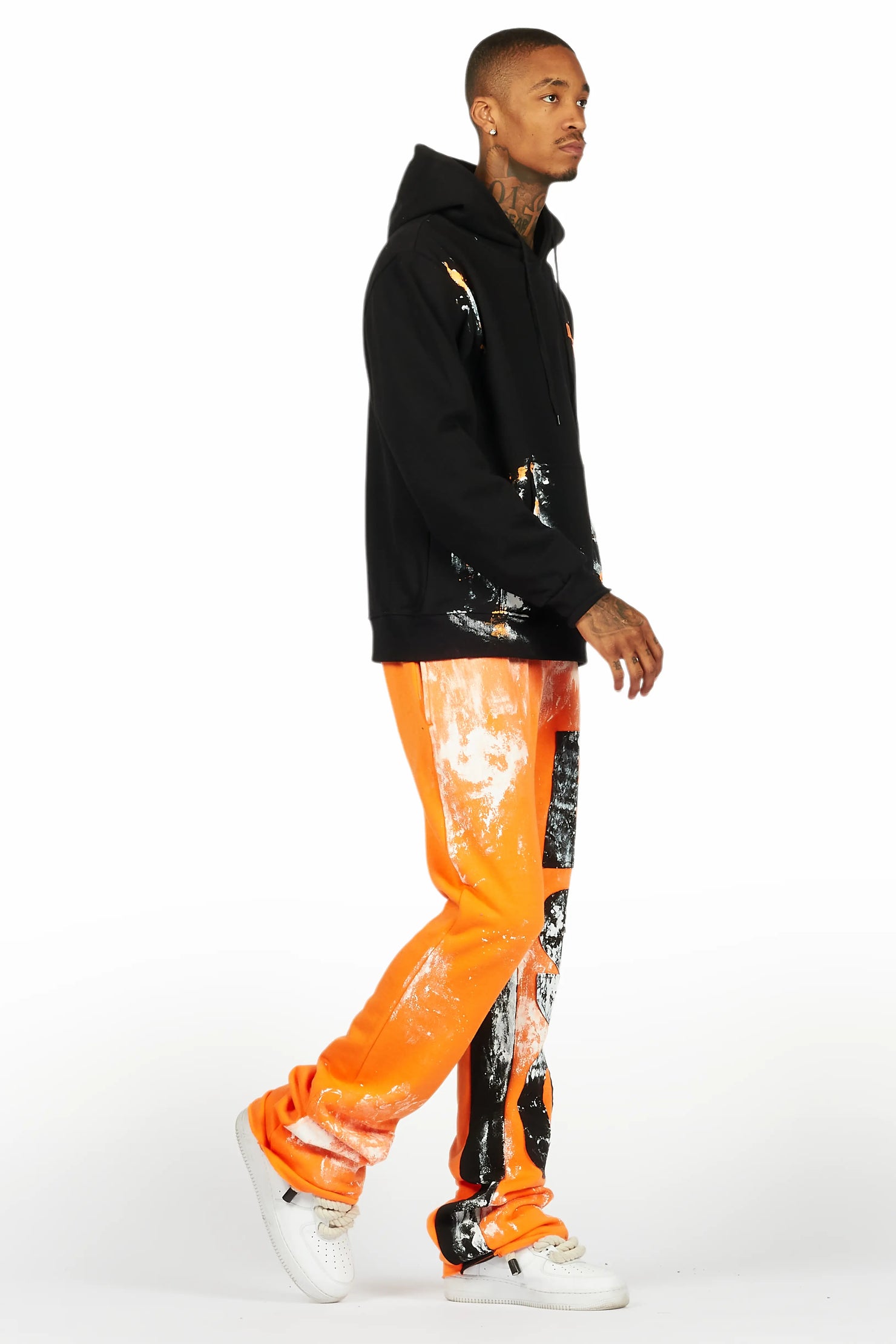 Folly Black/Orange Hoodie/Baggy Stacked Flare Pant Set