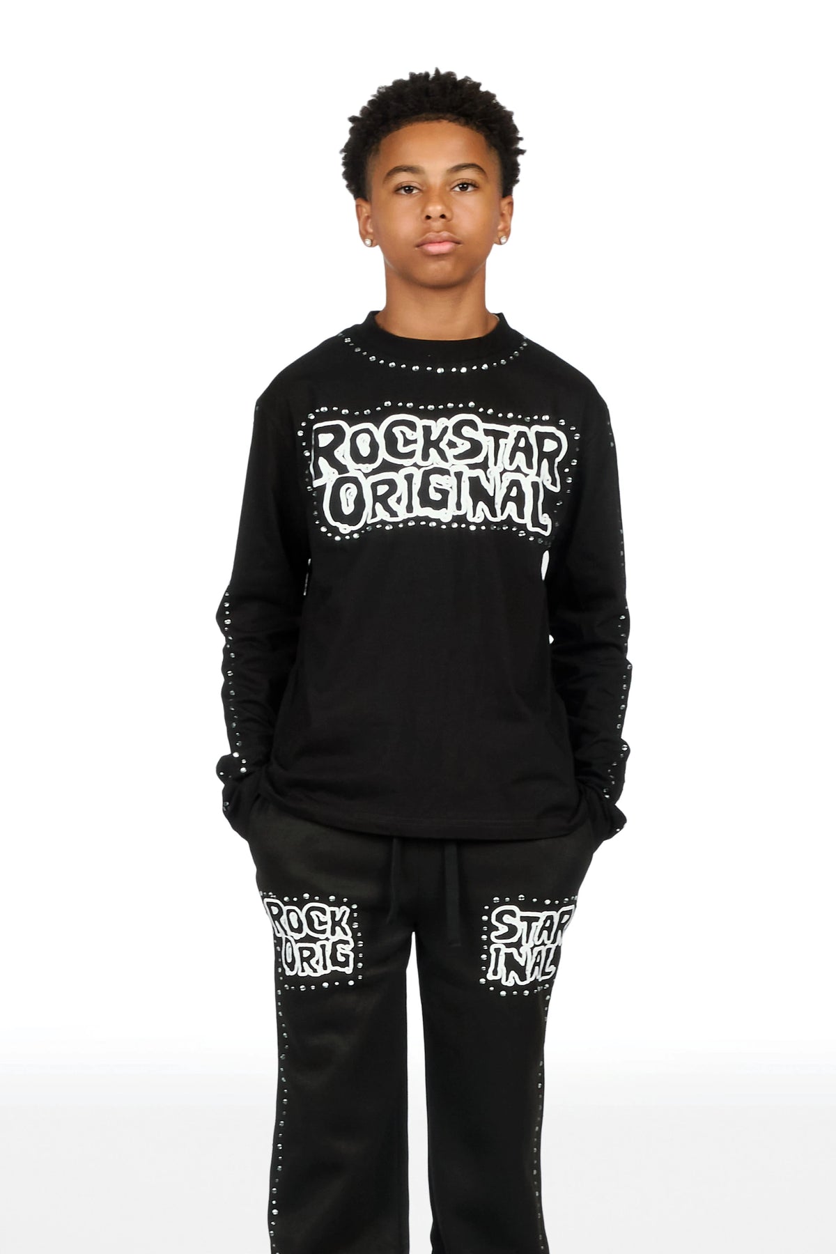 Boys Marc Black Rhinestone Long Sleeve Shirt Relaxed Track Set