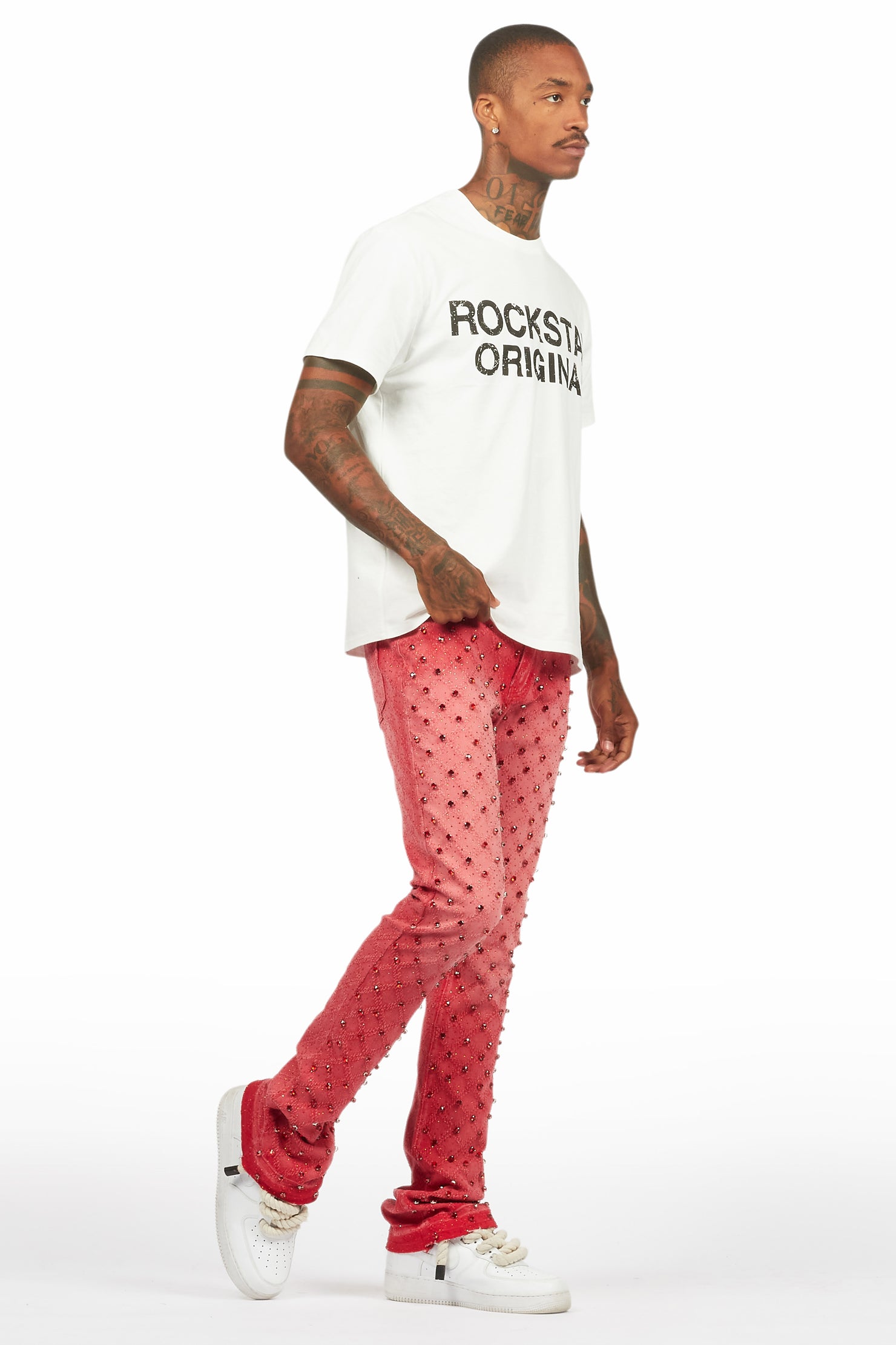 Glit Red Rhinestone Stacked Flare Jean