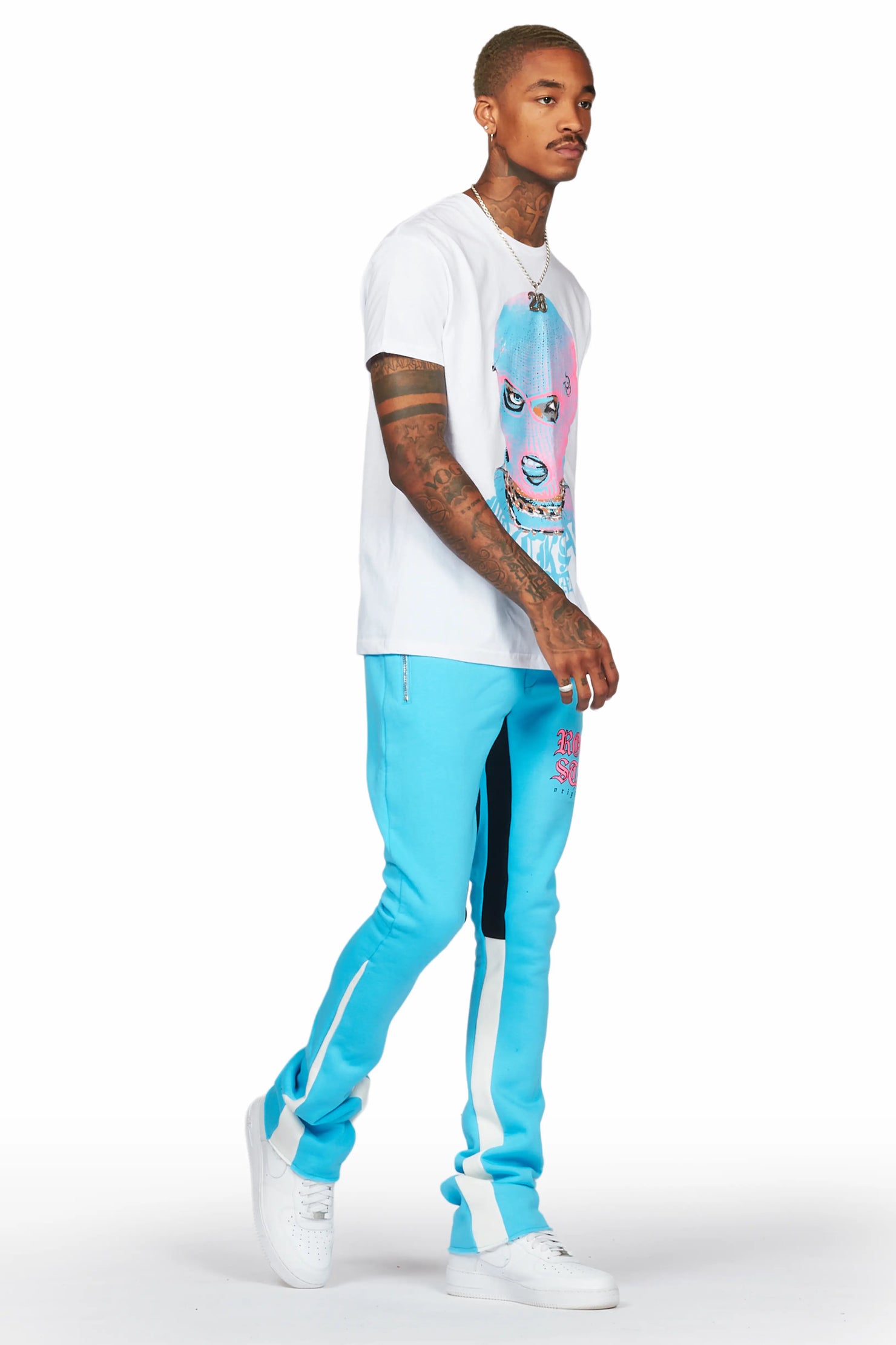 Murdra White/Blue T-Shirt/Stacked Flare Pant Set