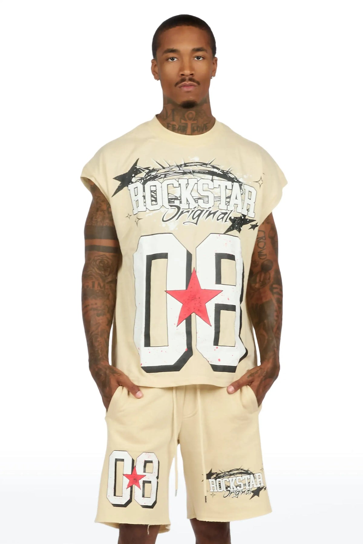 Allstar Cut Sleeve Beige/White T-Shirt Short Set