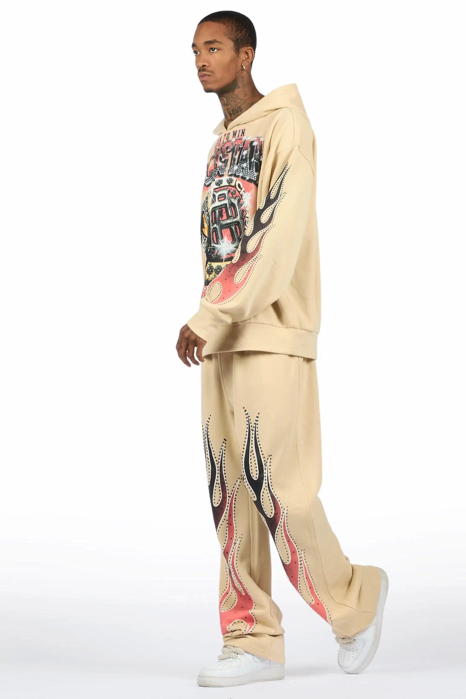 Glans Beige Hoodie/Baggy Pant Track Set