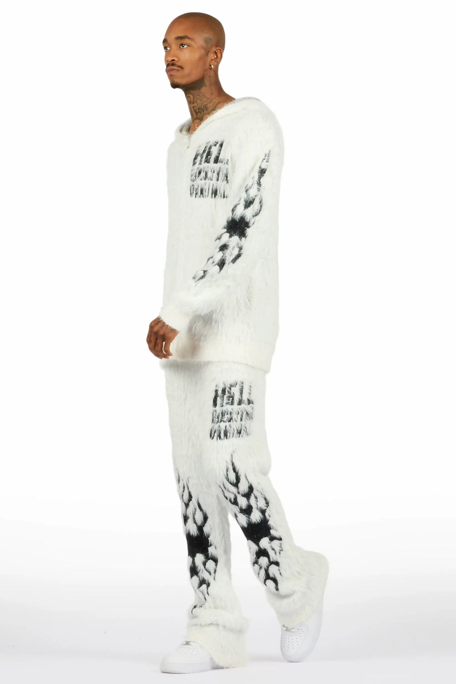 Toshio White Stacked Flare Knitted Mohair Track Set