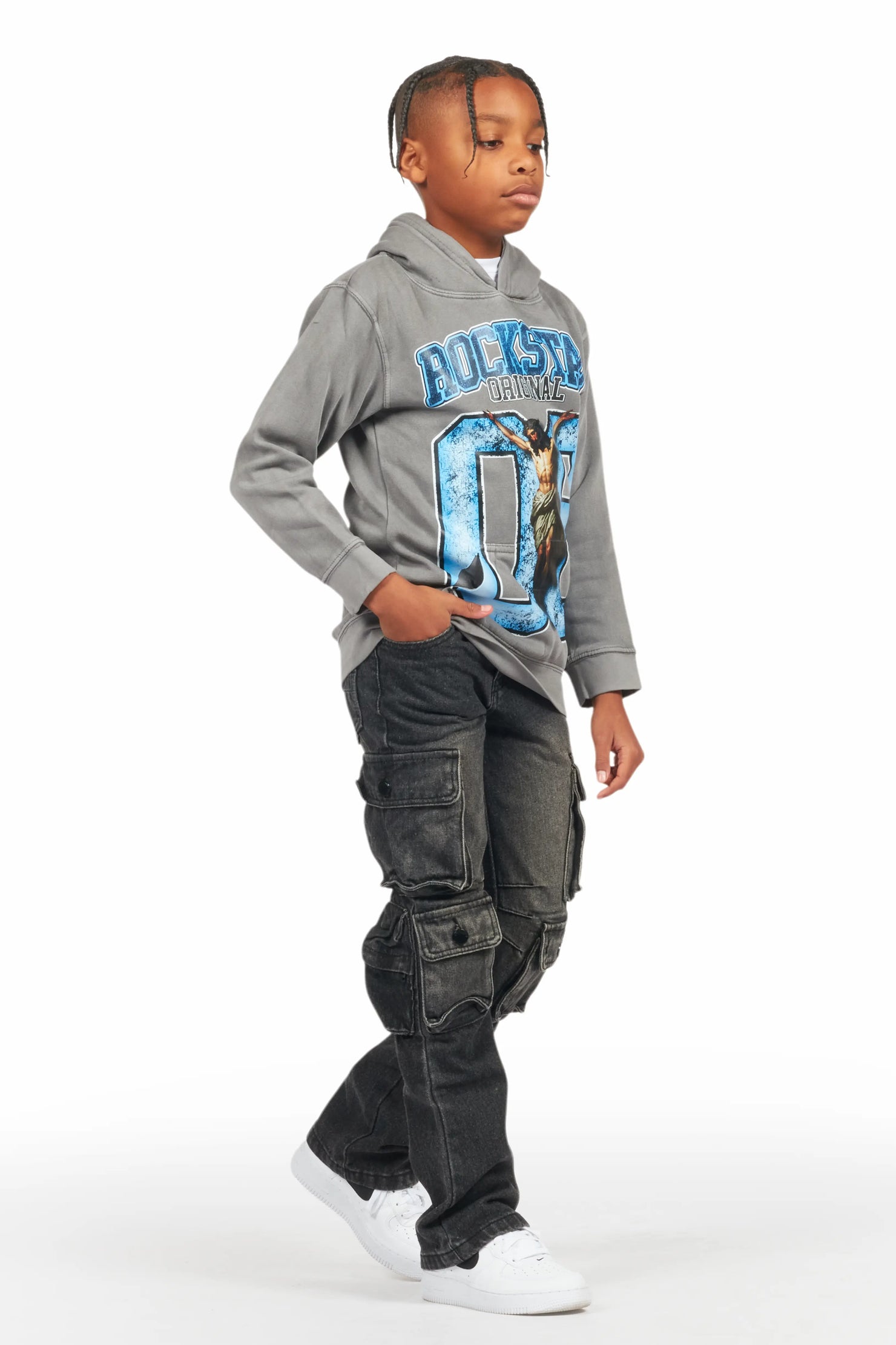 Boys Fields Vintage Grey/Black Hoodie/Stacked Flare Jean Set