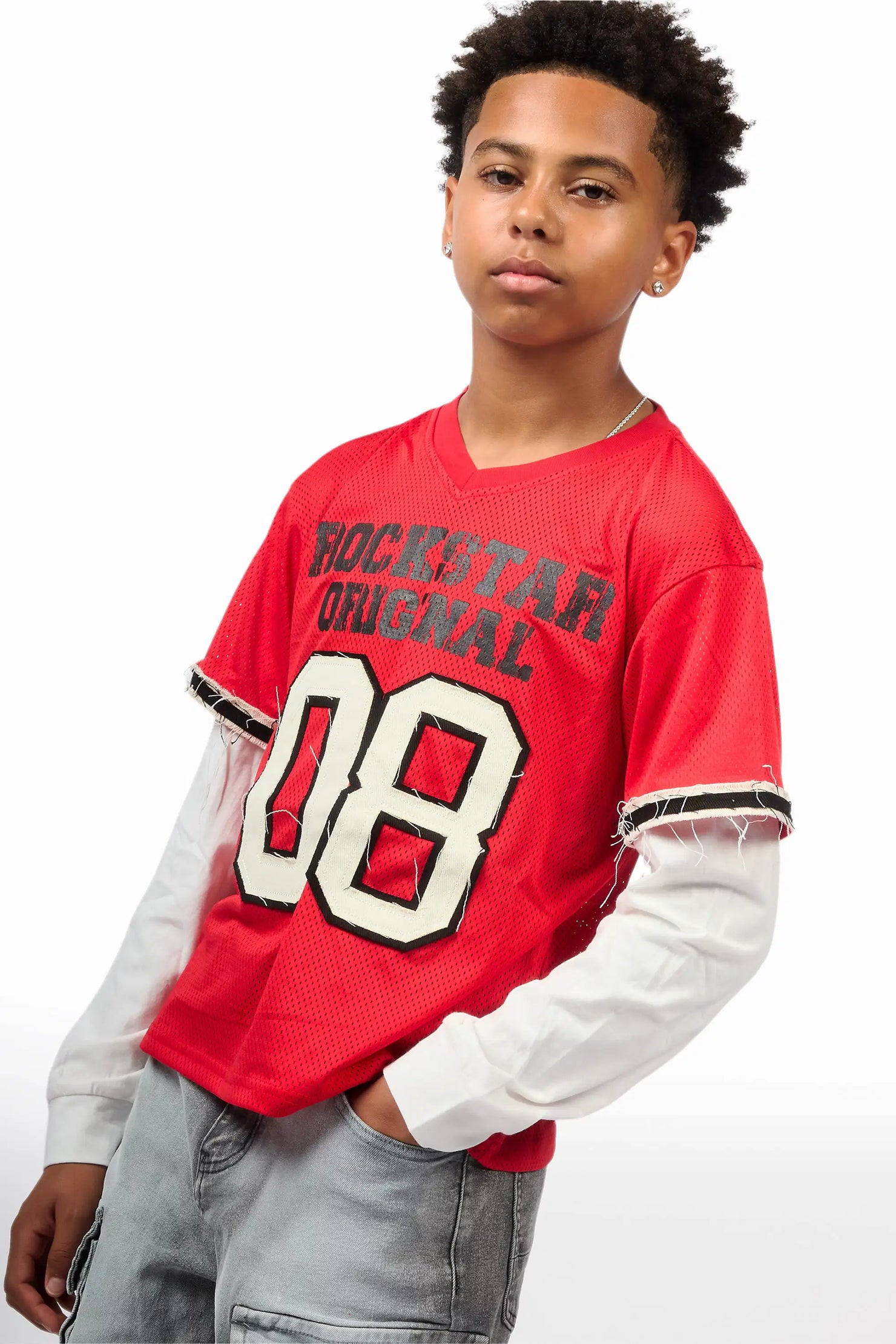 Boys Deston Red/Grey Double Layer T-Shirt/Denim Jort Set