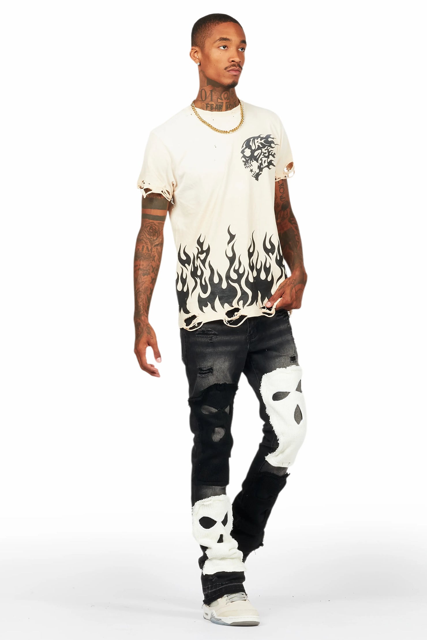 Destry Black/White Patchwork Stacked Flare Jean