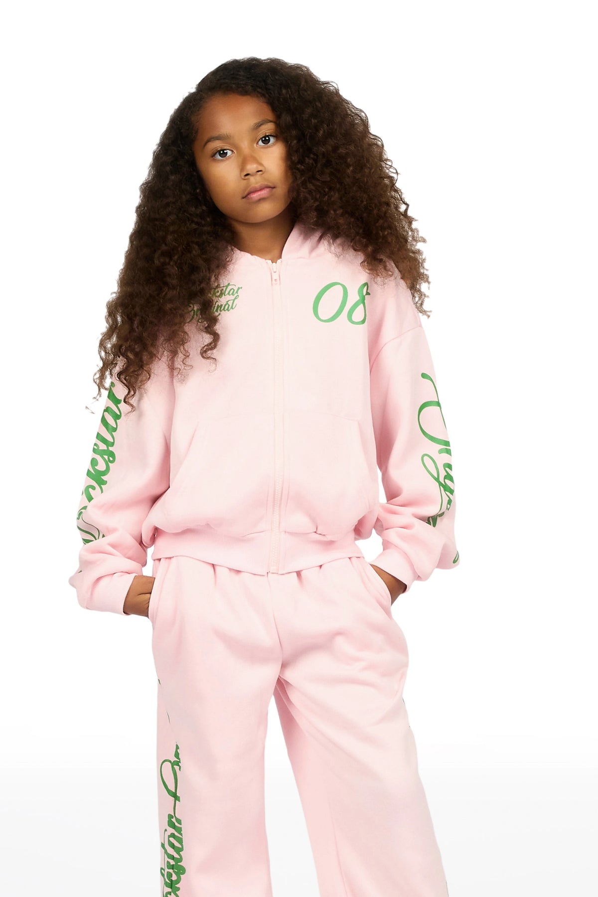Girls Hanifa Light Pink/Green Zip Up Hoodie Relaxed Pant Track Set