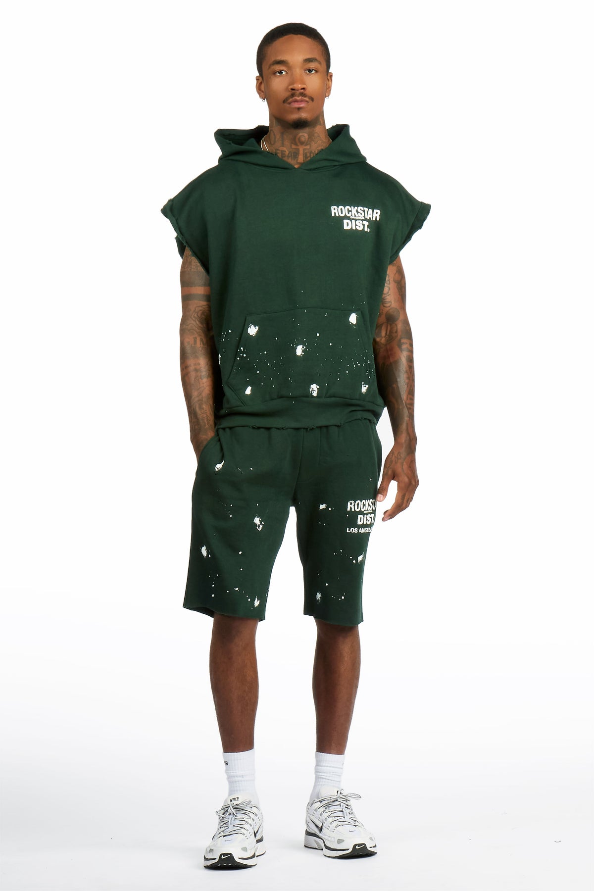Raffer Forest Green Cut Off Sleeve Hoodie Short Set