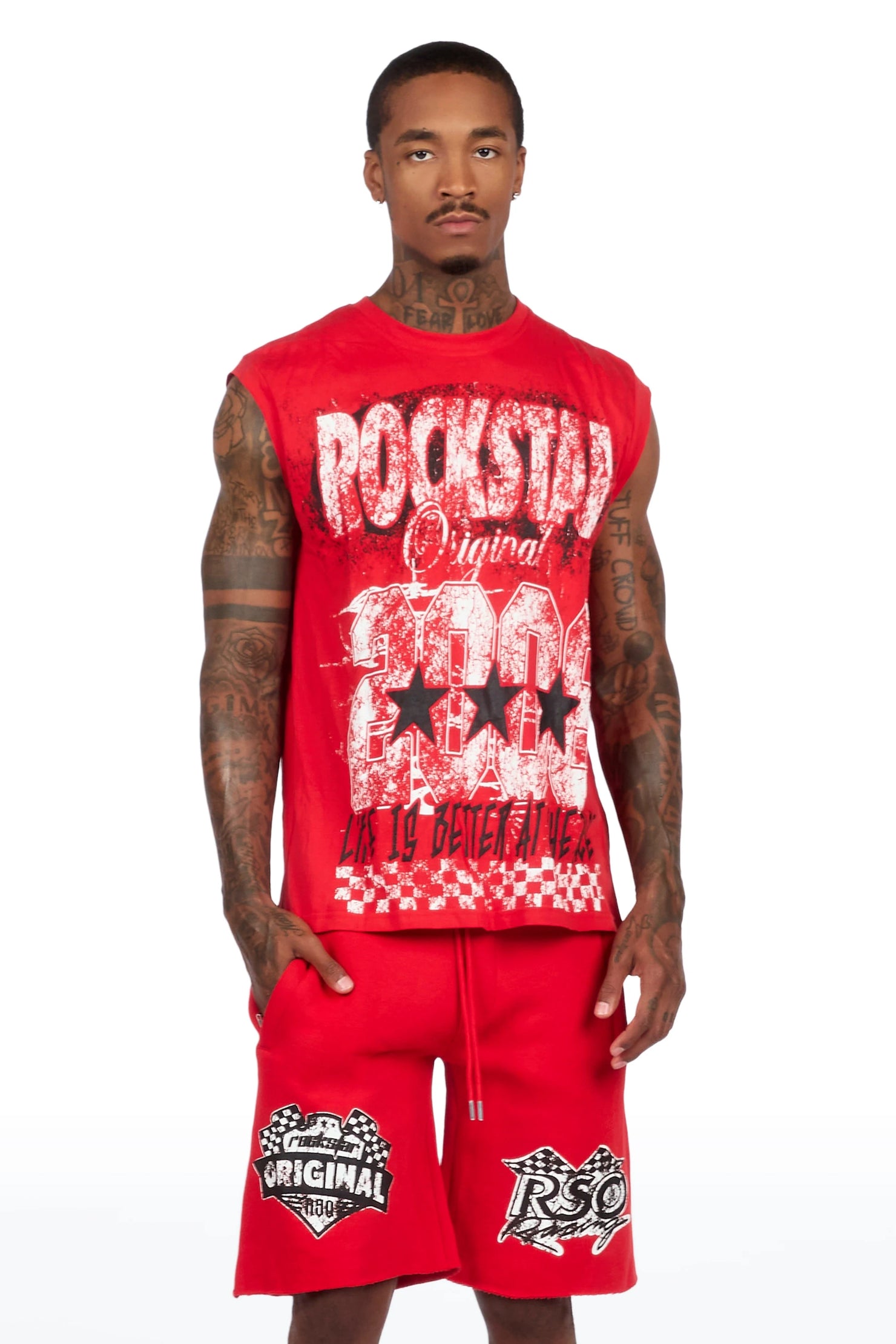 Racing Grung Red/Black Cut Sleeve T-Shirt/Raw Edge Short Set