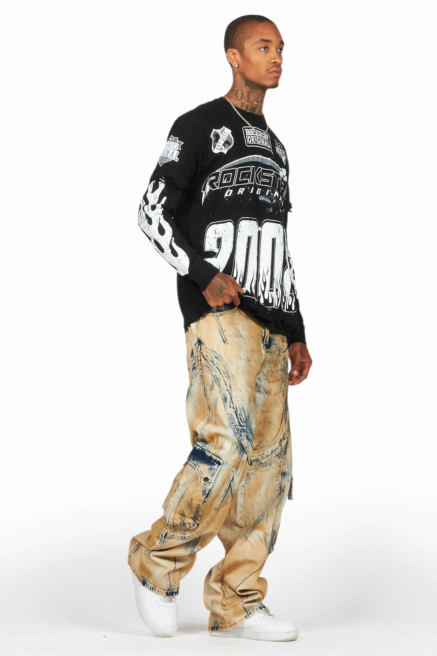 Amos Black/White Double Layer Long Sleeve Graphic T-Shirt