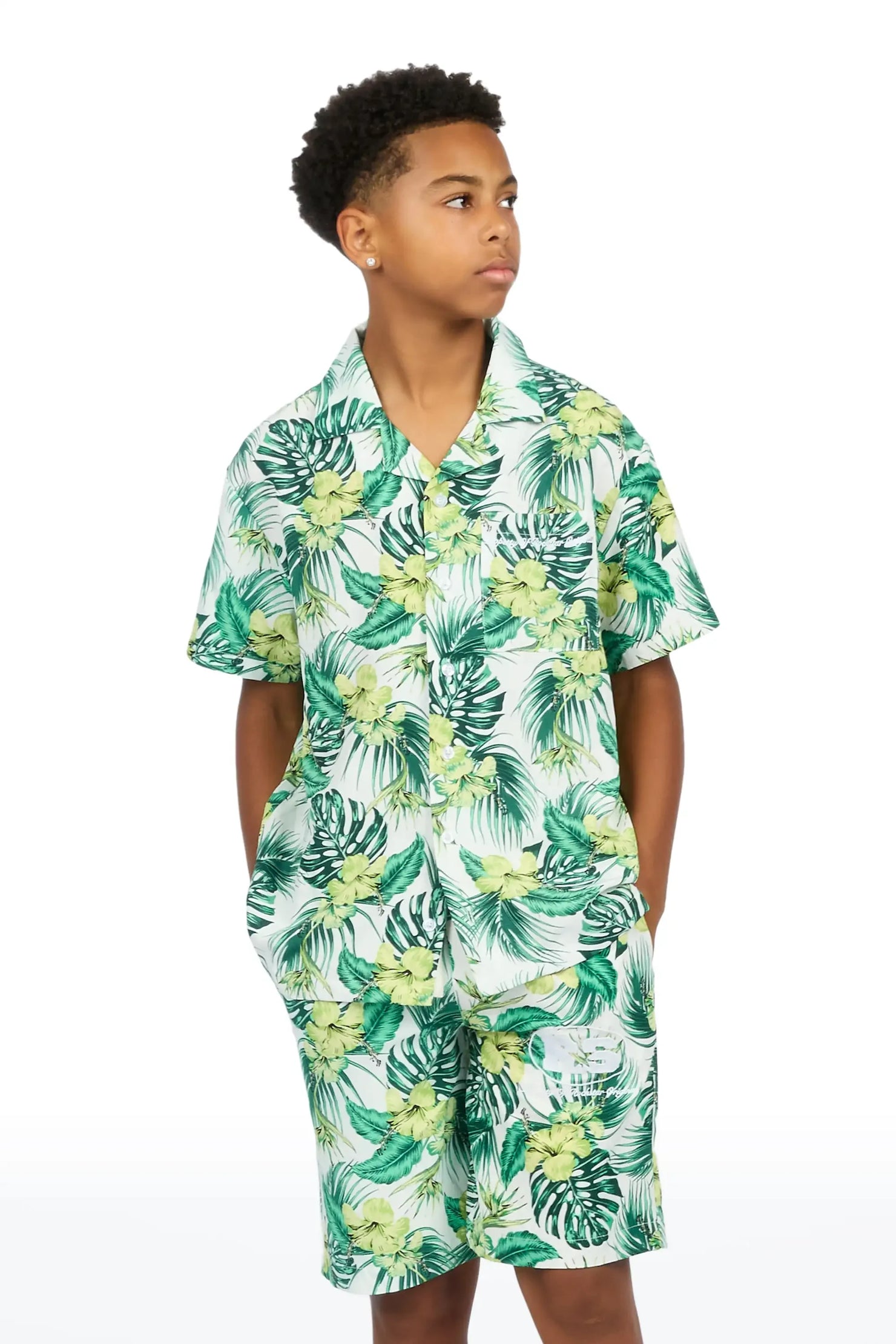 Boys Puka Cream/Green Button Down Shirt/Short Set