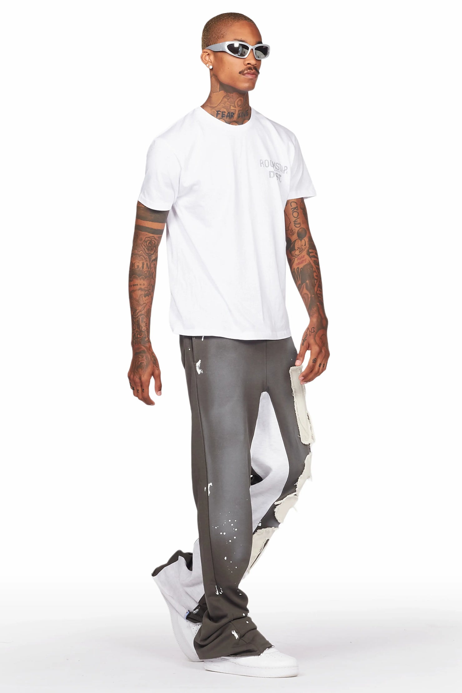 Acotas Olive Patchwork Stacked Baggy Flare Pants