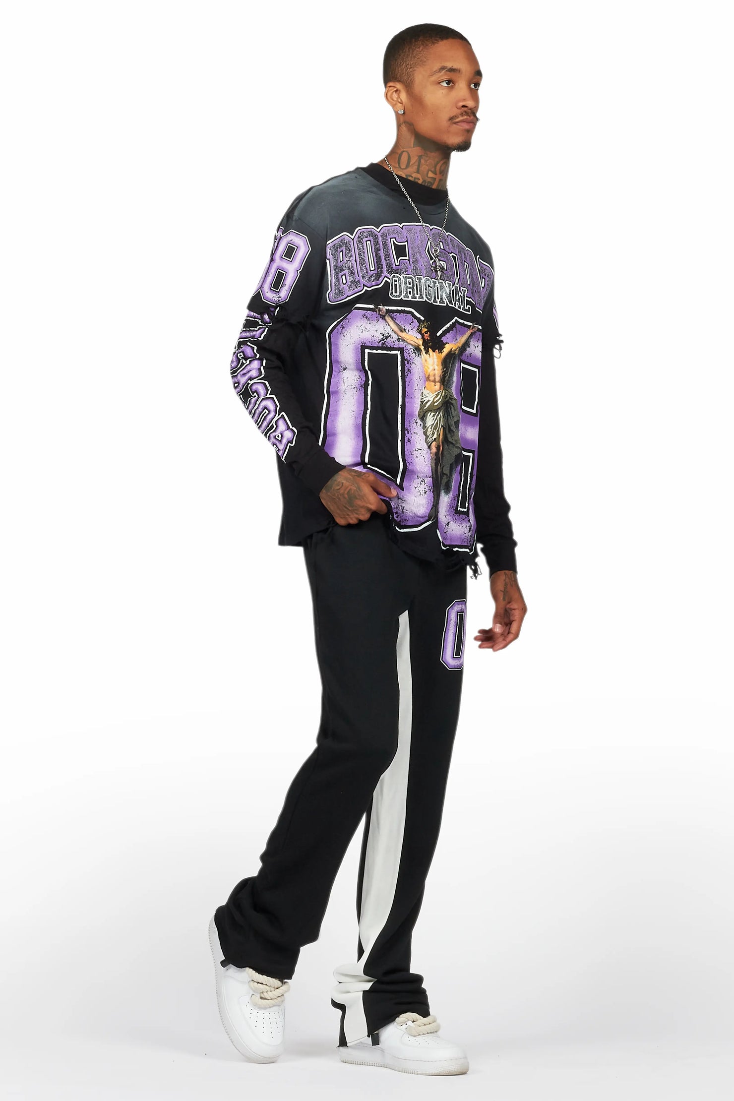 Fields Black/Purple Double Layer T-Shirt/Stacked Baggy Track Pant Set