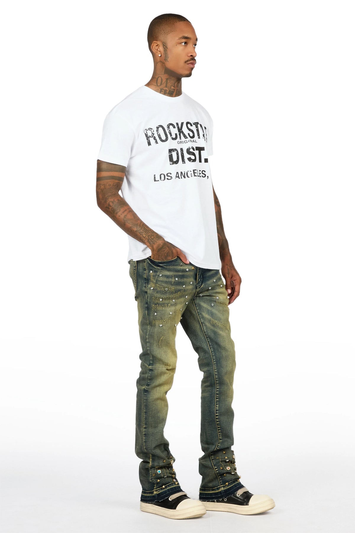 Kervin Dark Blue Rhinestone Stacked Jean