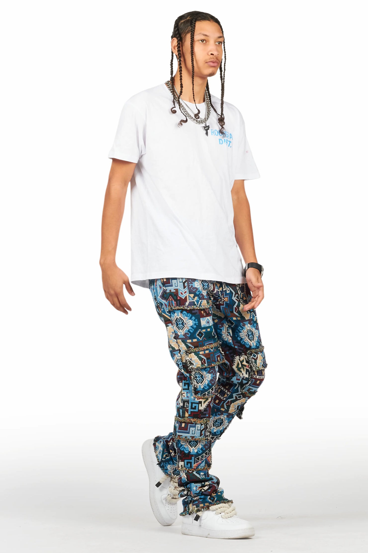 Tayami Tapestry Blue Cargo Stacked Flare Jean