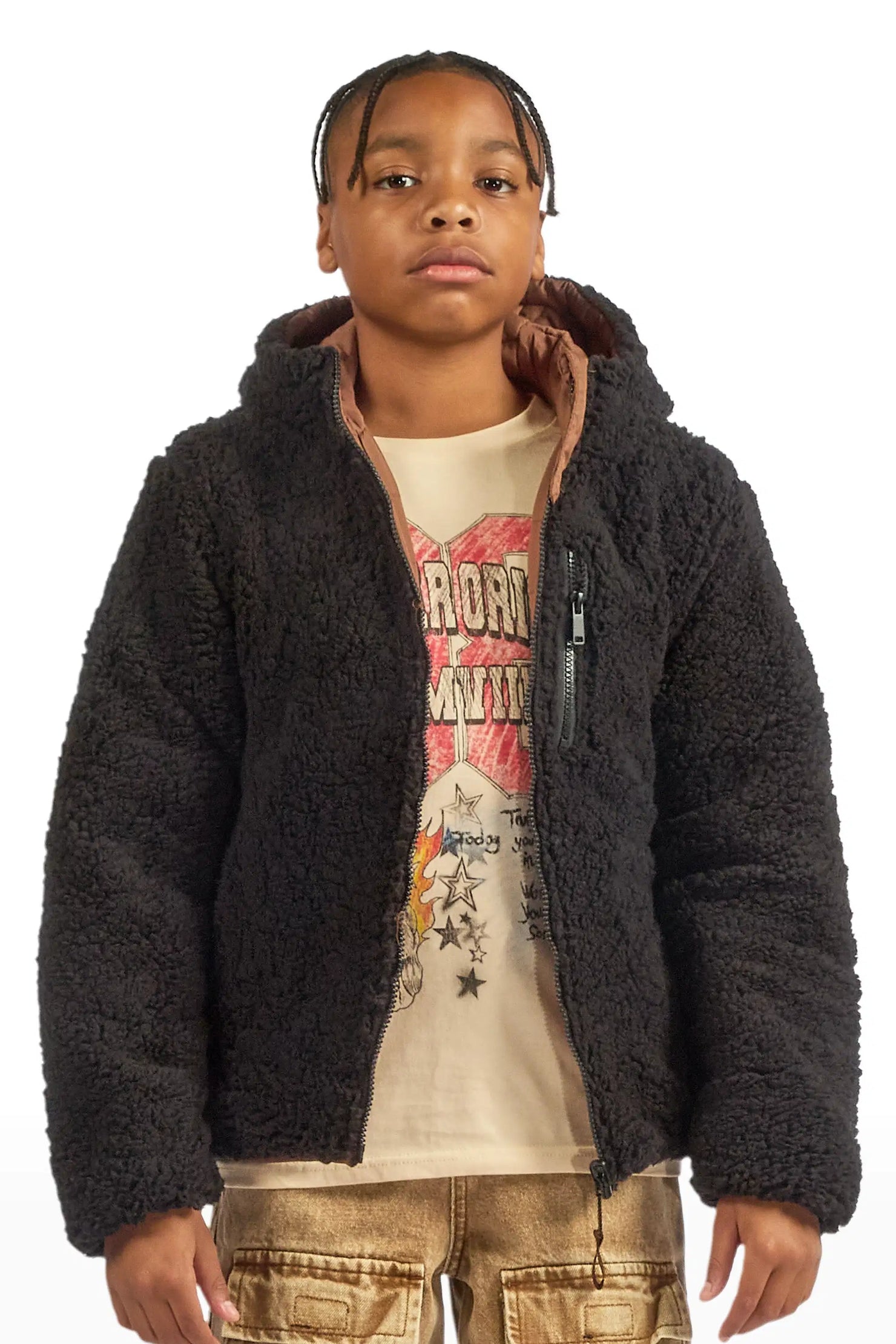 Boys Daegan Brown/Black Reversible Fur Puffer Jacket