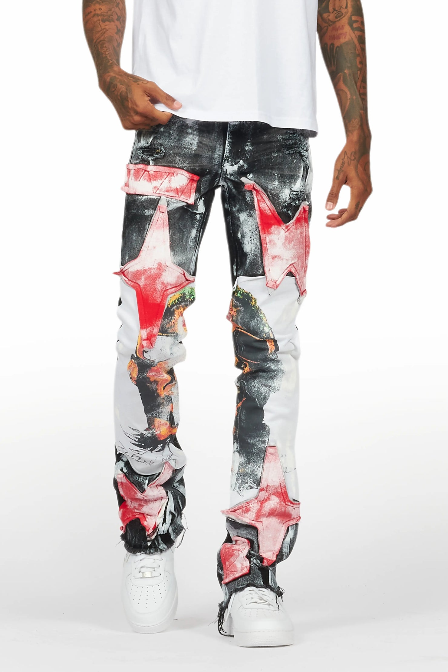Savier Black/White Roller Paint Stacked Flare Jean
