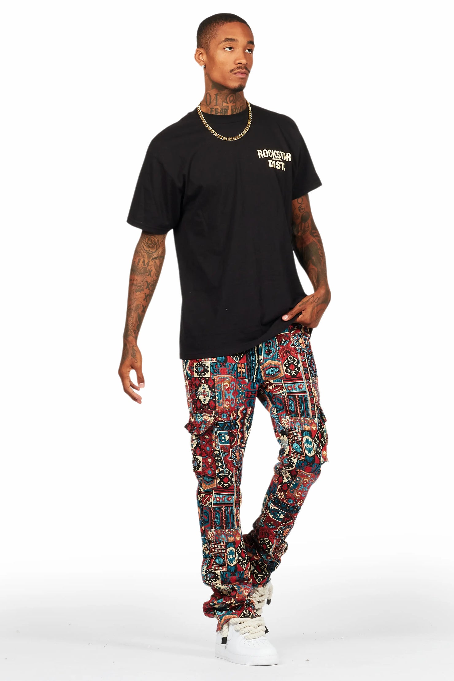 Nard Red Multi Tapestry Stacked Flare Jean