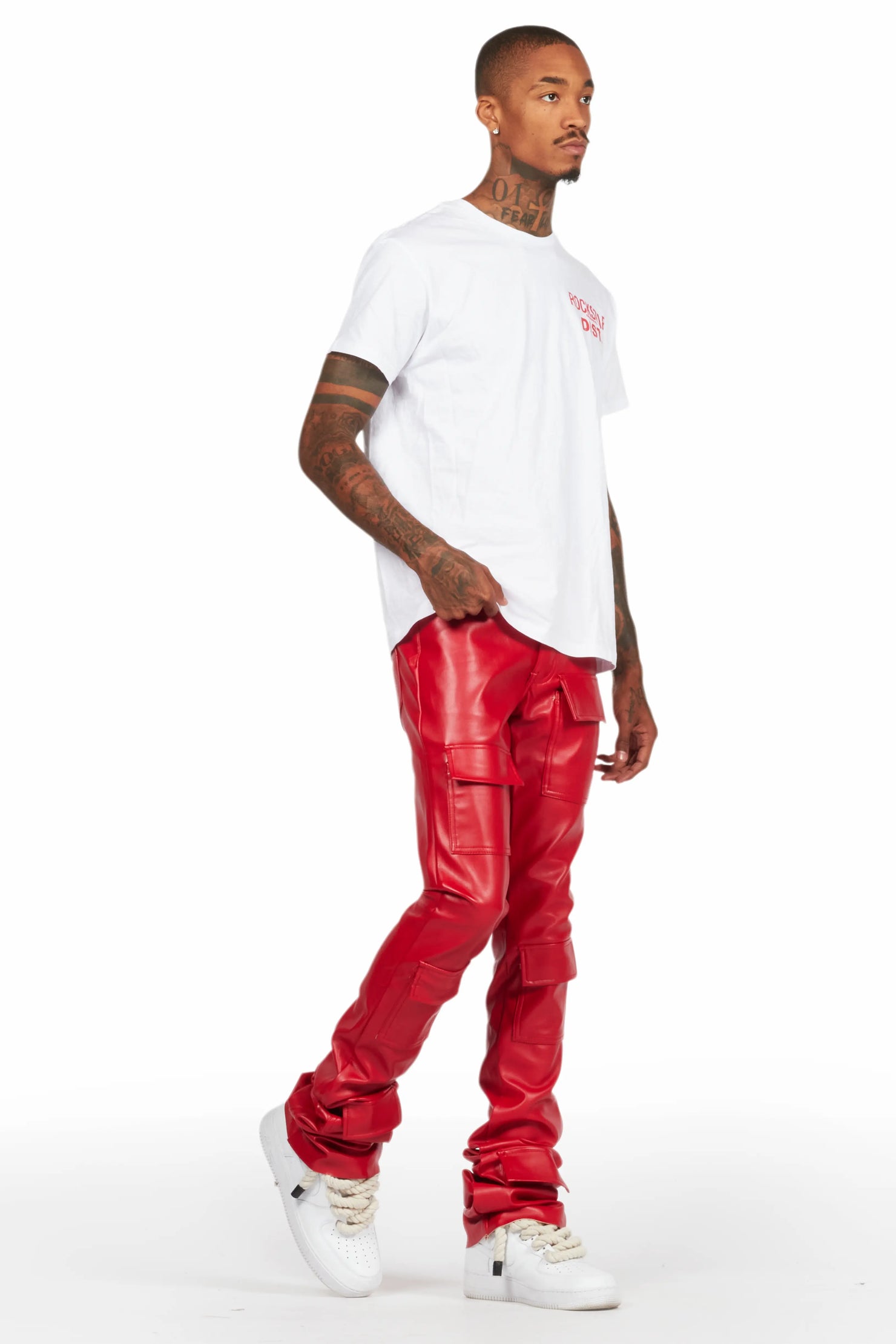 Petrus Red PU Stacked Flare Leather Jean