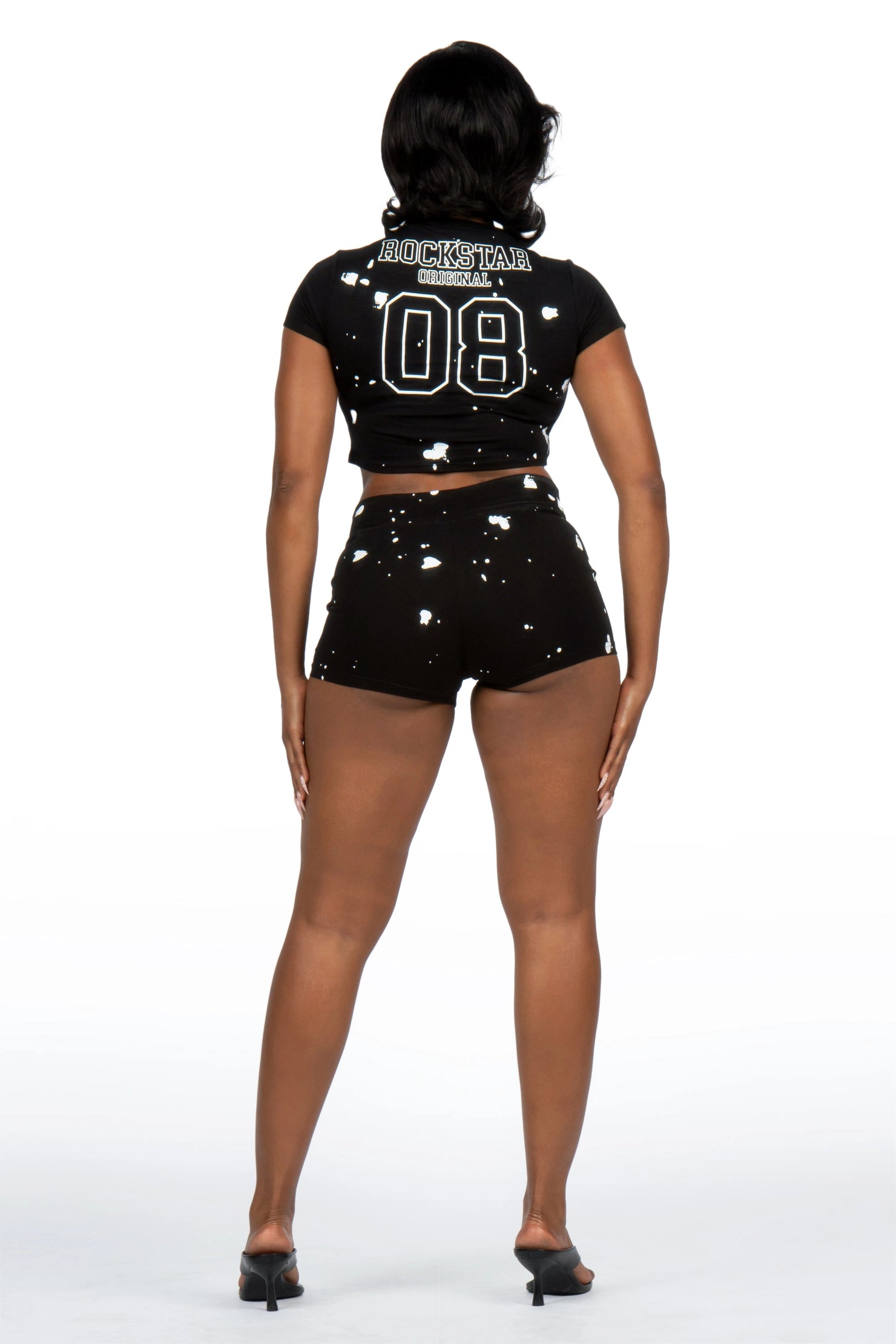 Alliesha Black Painted Baby Tee Hot Short Set