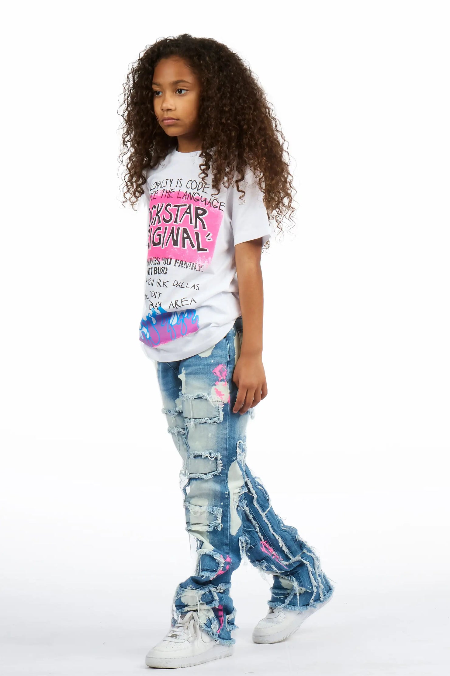 Girls Bannie Blue/Pink Stacked Painter Flare Jean