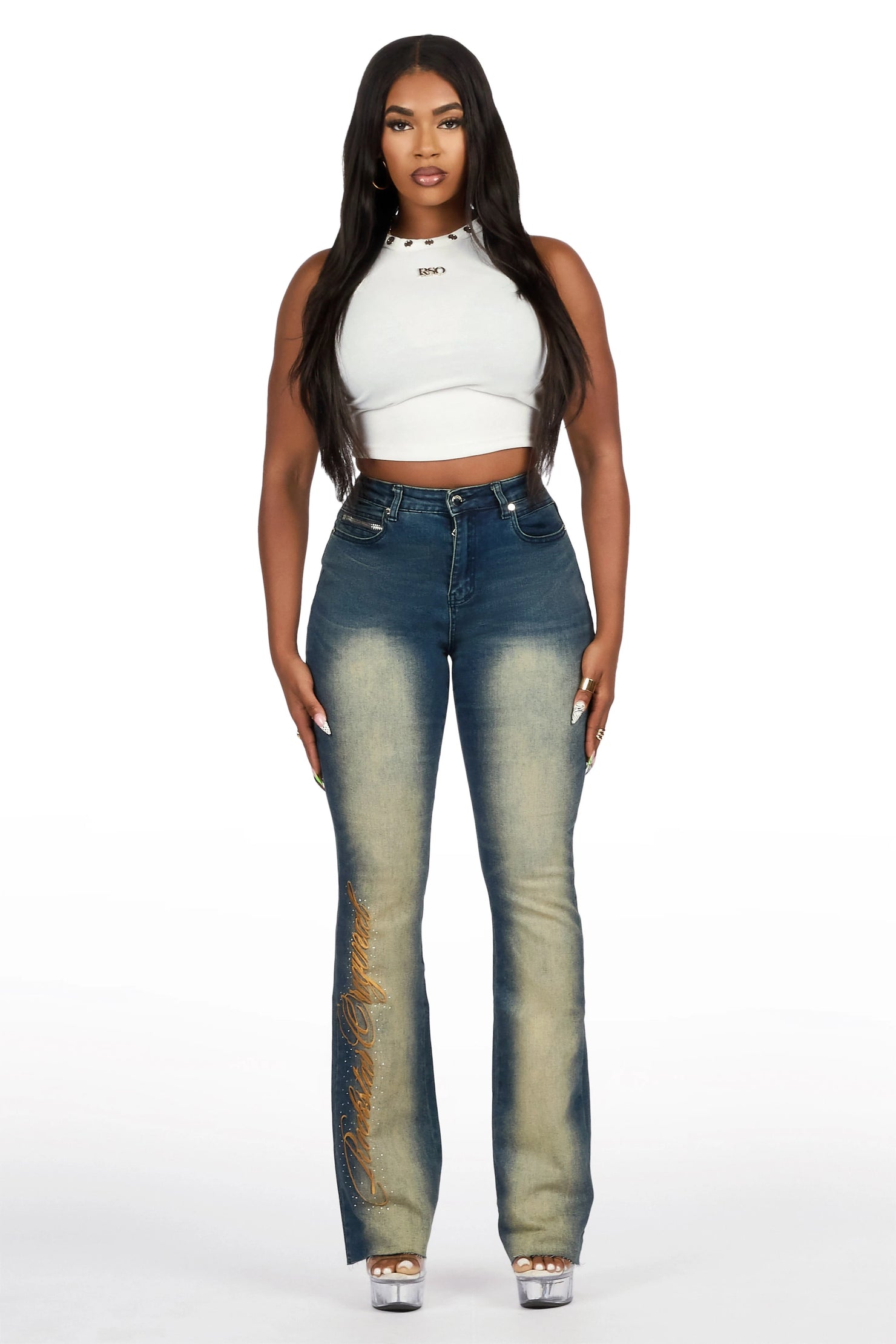 Calisa Tint Rhinestone Stacked Flare Jean