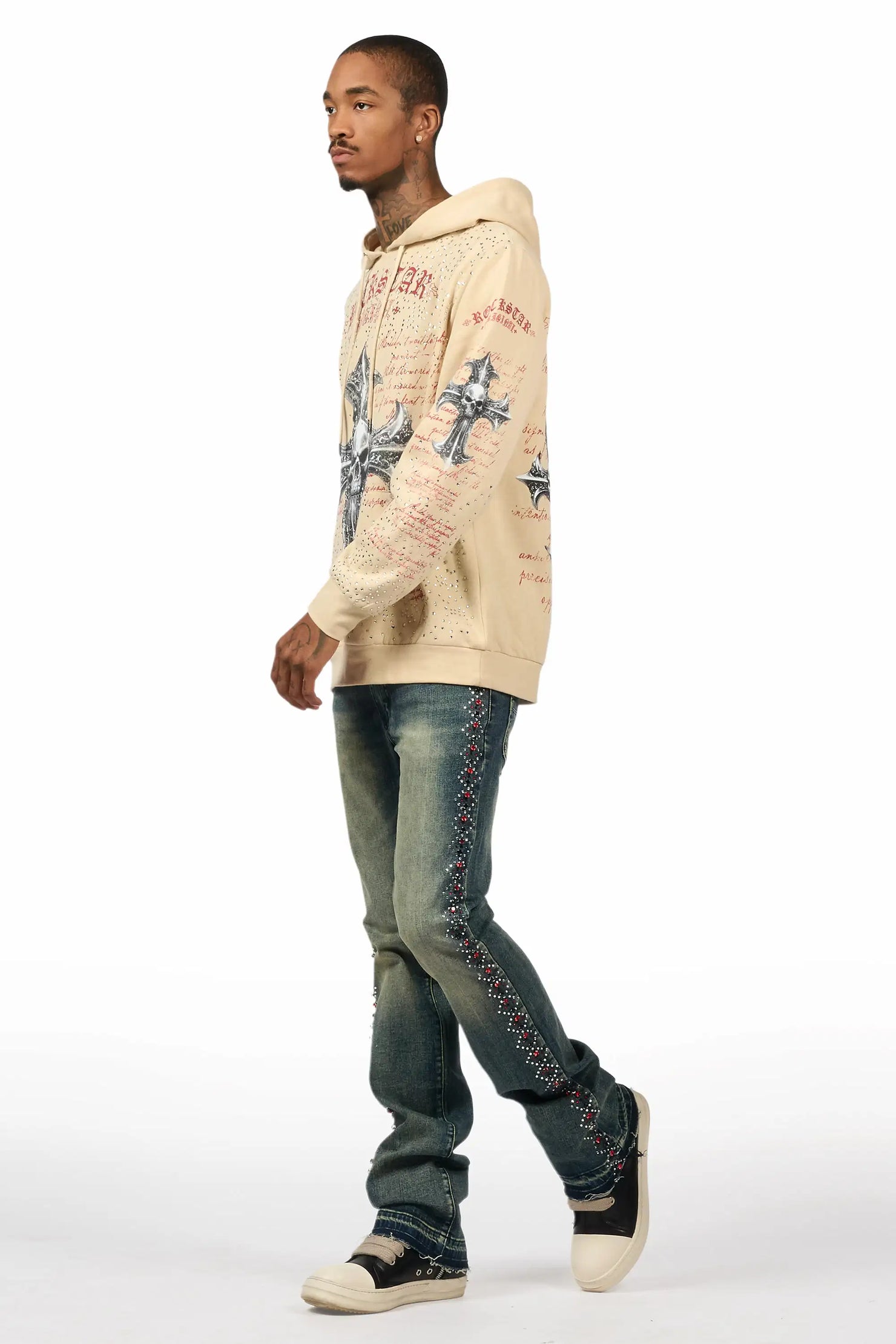 Ozi Rhinestone Tint Blue Stacked Flare Jean