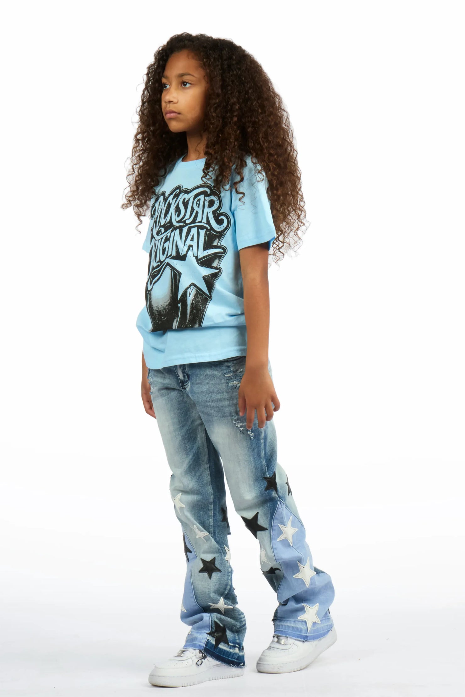 Girls Zayda Light Blue/Blue T-Shirt Stacked Jean Set