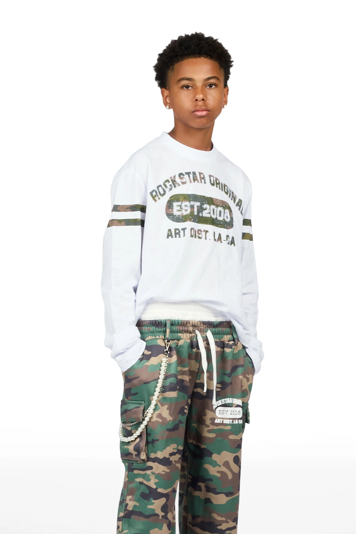 Boys Alexander White/Camo Long Sleeve Shirt Double Waisted  Super Baggy Track Set