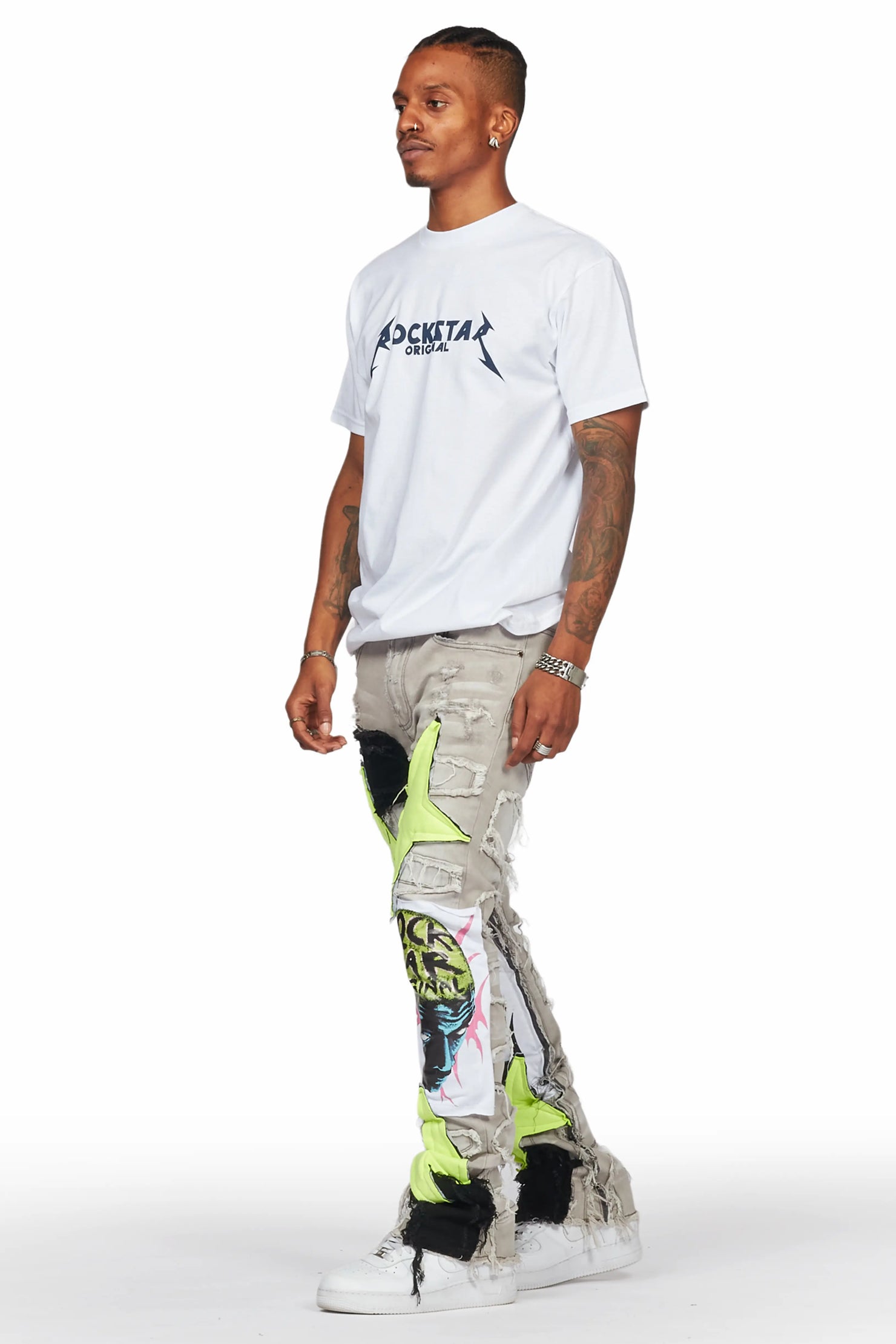 Edgar Grey/Yellow Patchwork Stacked Flare Jean