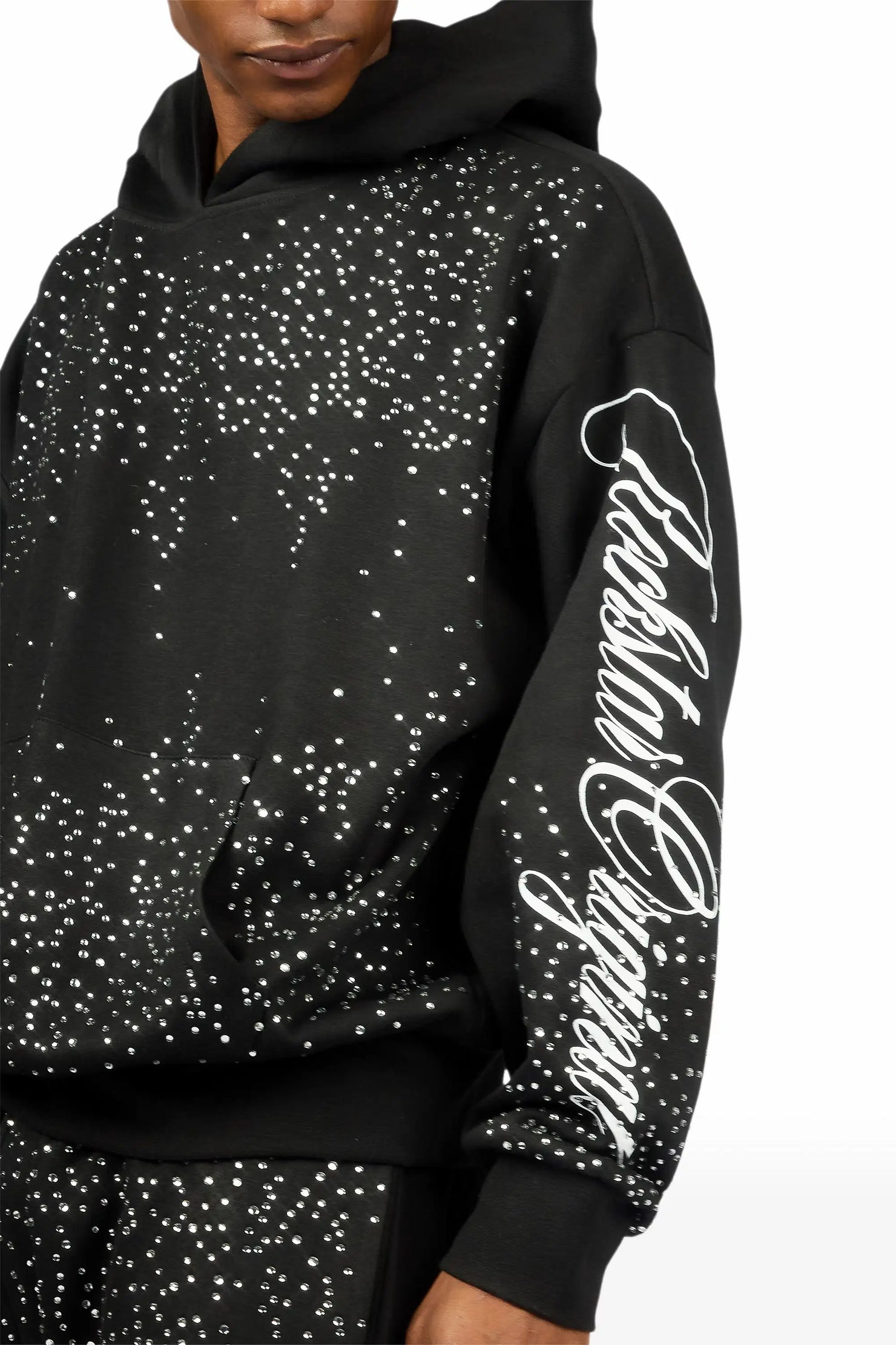 Strayce Black/White Rhinestone Hoodie Relaxed Track Set