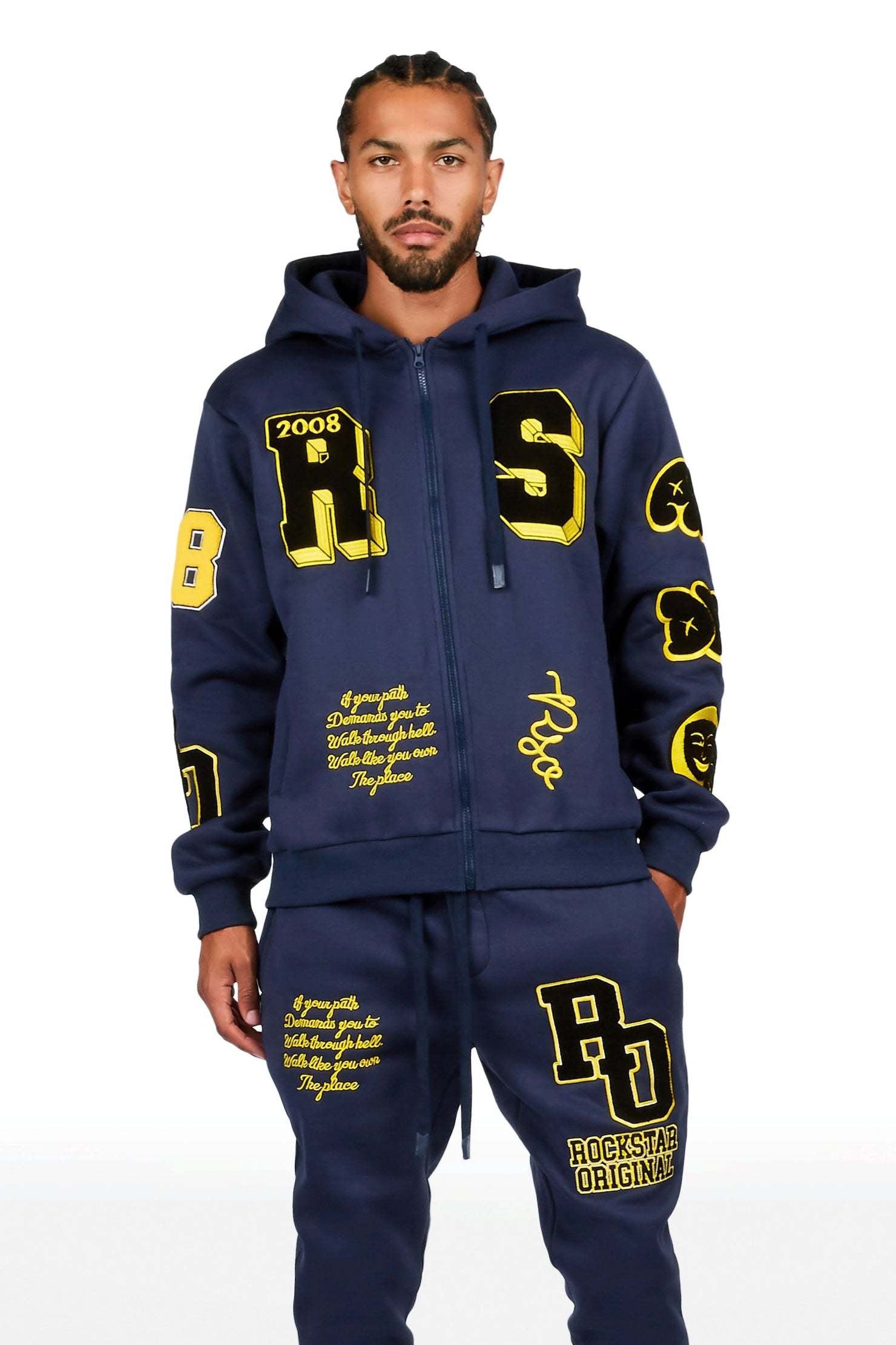 Leslaw Navy Zip Up Hoodie Stacked Track Set