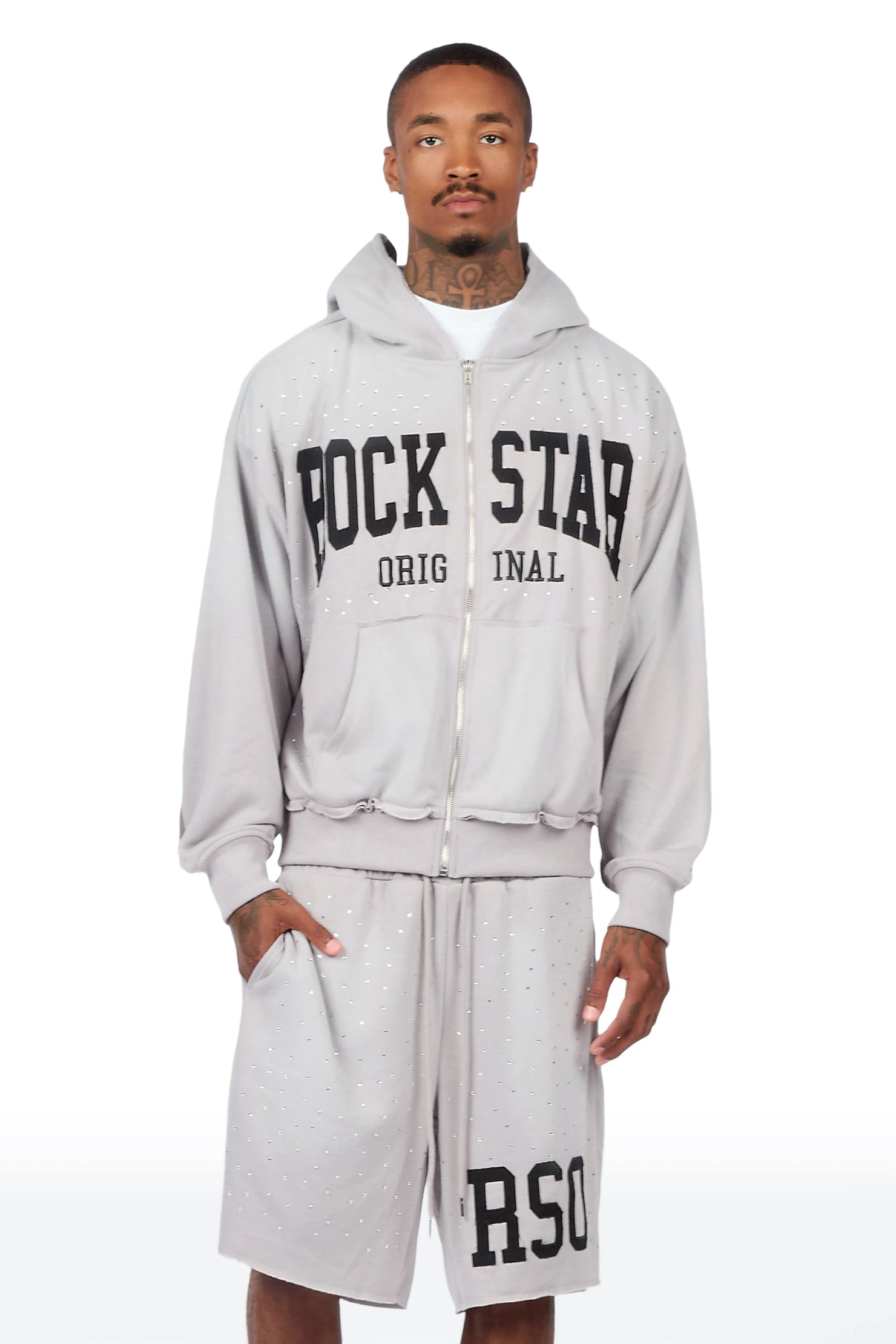 Akila Grey Rhinestone Hoodie Double Waisted Short Set