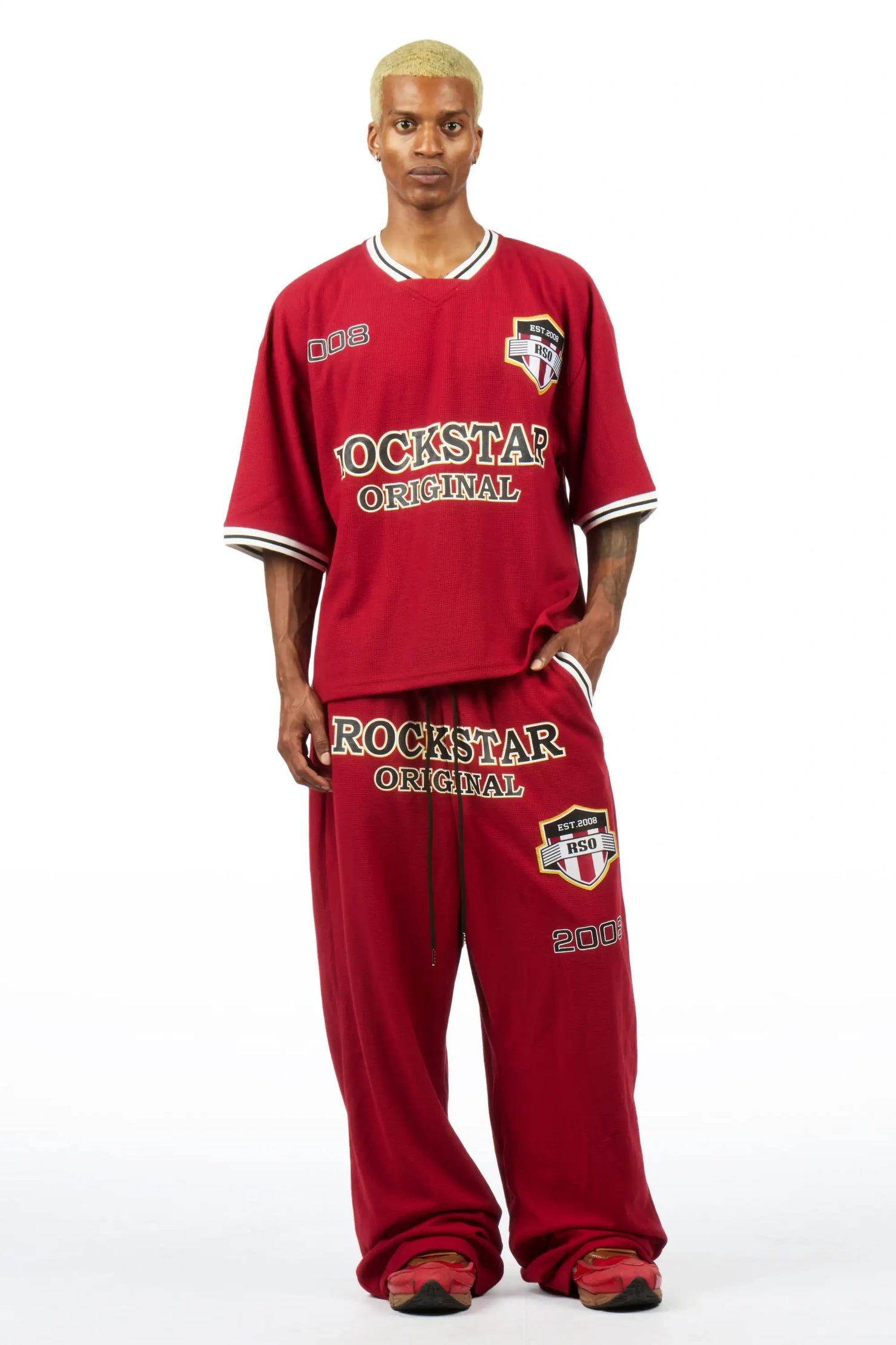Ezel Red Crop Boxy Tee/Barrel Fit Track Set