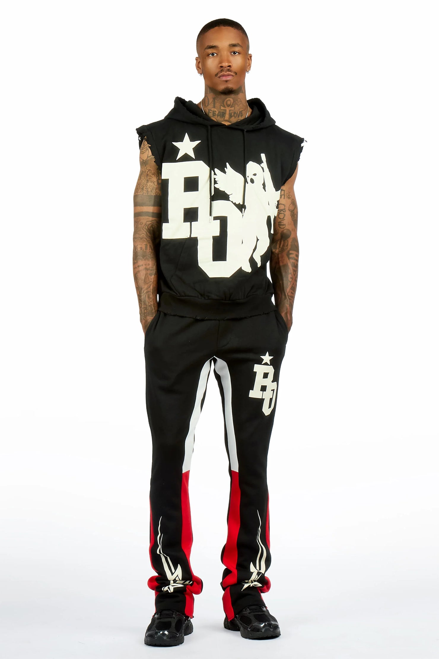 Pluton Black/Red Cut Sleeve Hoodie/Stacked Flare Track Set