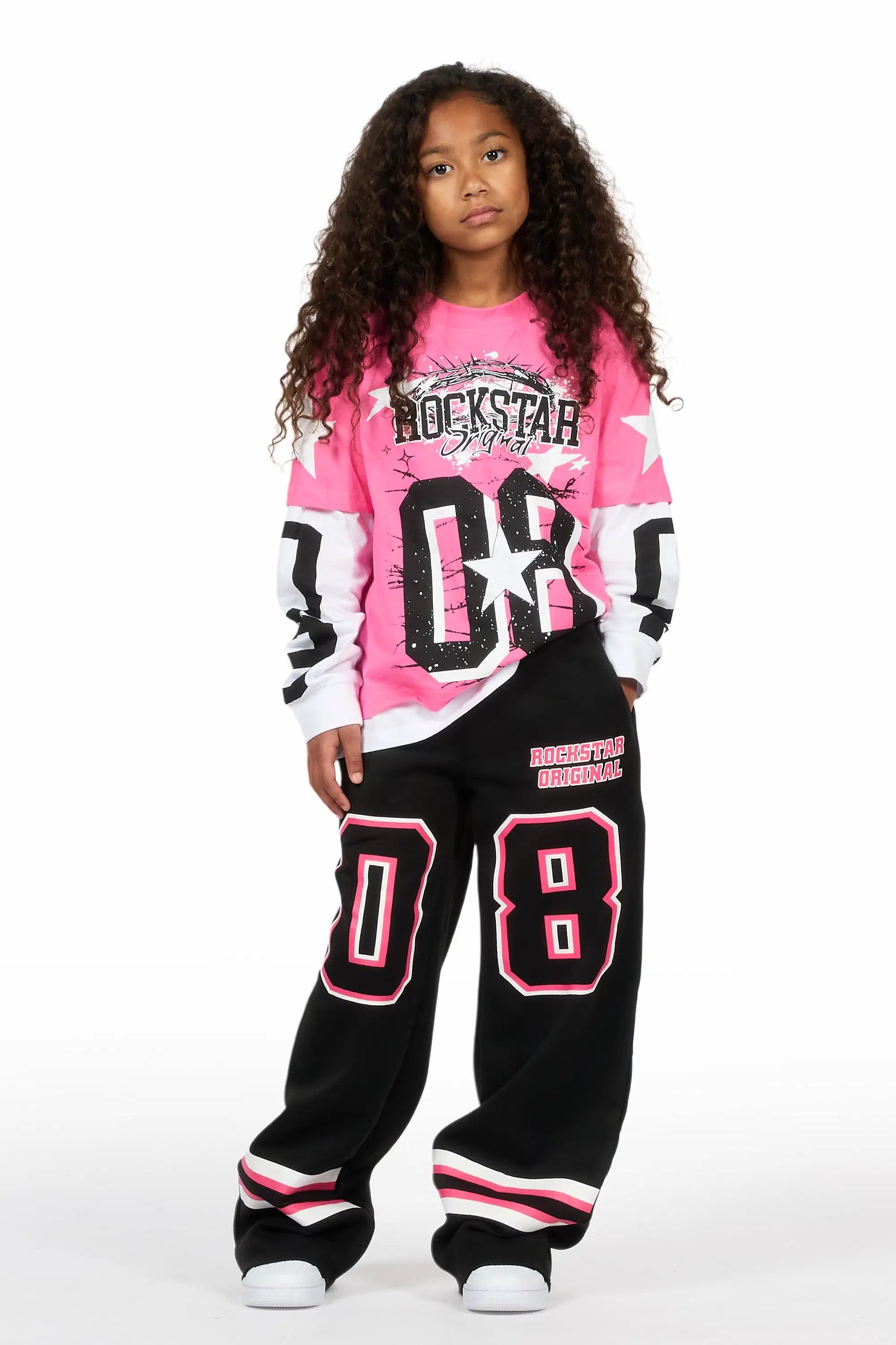 Girls Allstar Pink/Black Double Layer L/S Graphic T-Shirt