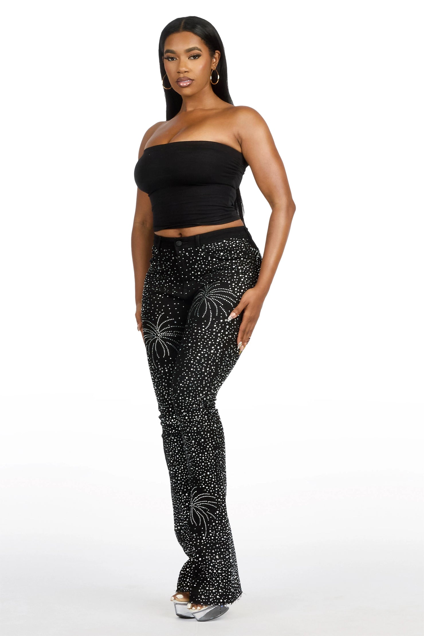 Jamella Black Rhinestone Stacked Flare Jean